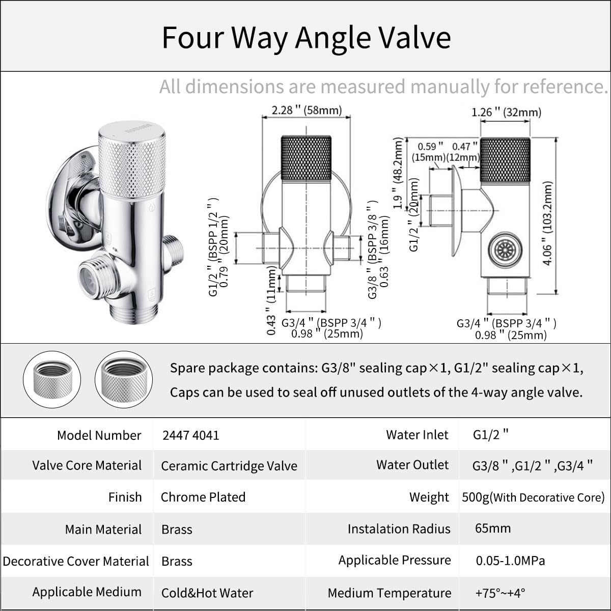 Zawór narożny kombi, chromowany mosiądz czterokierunkowy zawór kątowy, zawór wodny z obsługą jedną ręką, przyłącze ścienne G1/2 cala (wkład Male G1/2", męski G3/8" xG1/2 x G3/4" Outlet)