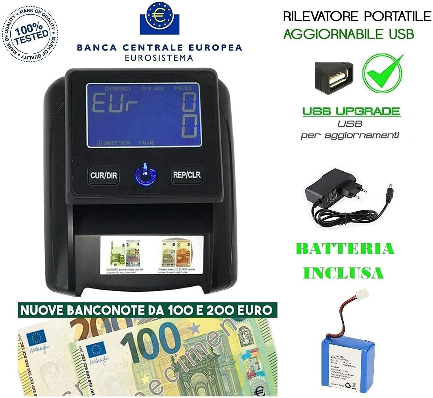 SQUADO Detector de dinero falso verificación billetes falsos EURO con batería recargable y cuenta billetes portátiles detector para dinero