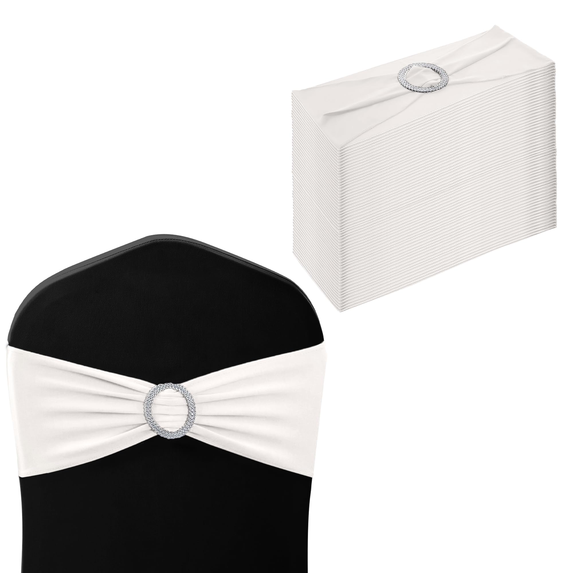 WedDecor Stretch Chair Bands Plain Spandex Band with Slider Buckle for Wedding Party Chair Decoration, Events Supplies, Formal Meeting, White, 13 x 6 Inches, 50pcs