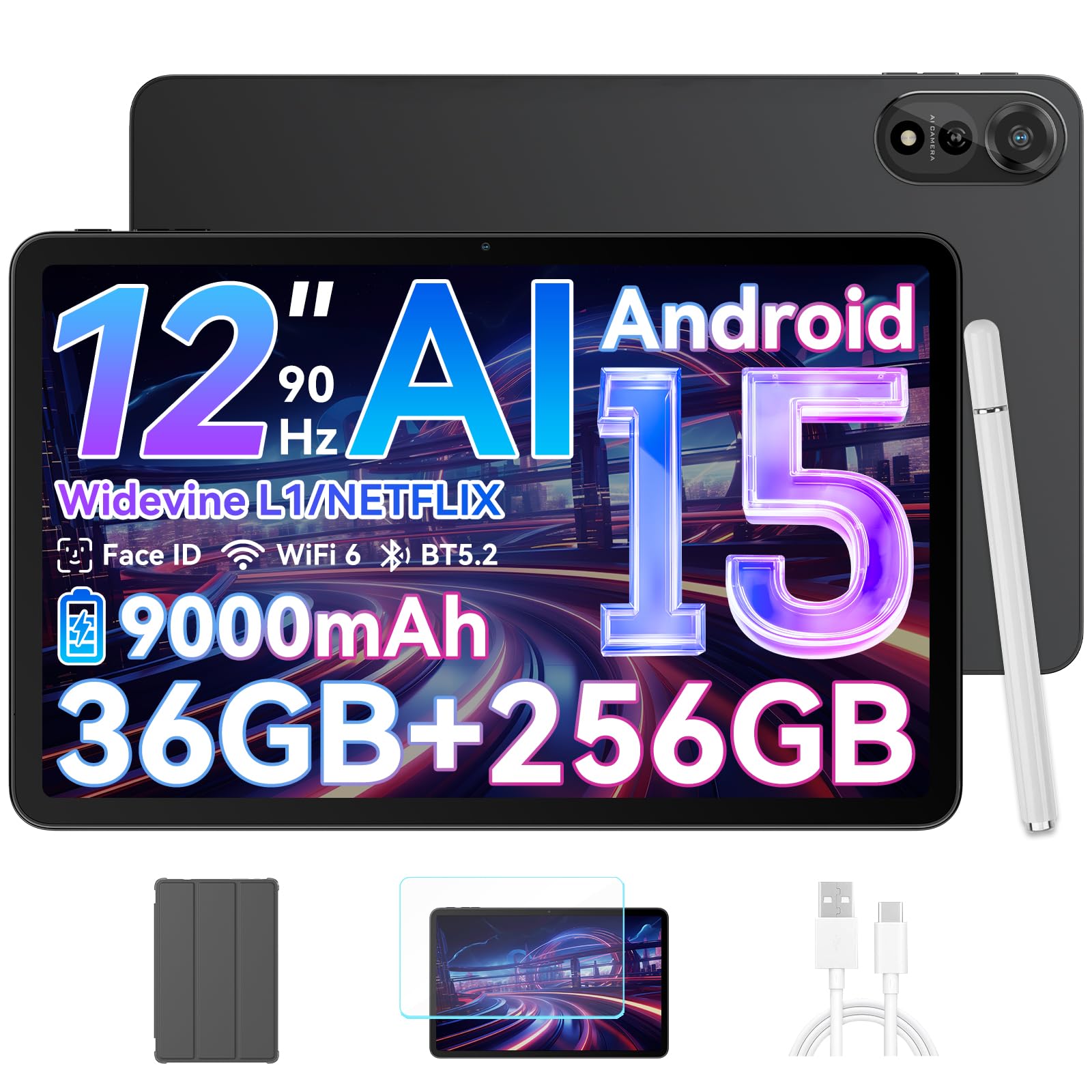 Blackview Mega2WiFi Tablet 12 Zoll Android 15 Tablet mit Stift, 36GB RAM + 256GB ROM(2TB TF), 2K 90Hz FHD+ Display, WiFi6, Octa-Core 2.0GHz, 9000mAh/16MP+8MP/Bluetooth 5.2/Widevine L1/Face ID/GMS