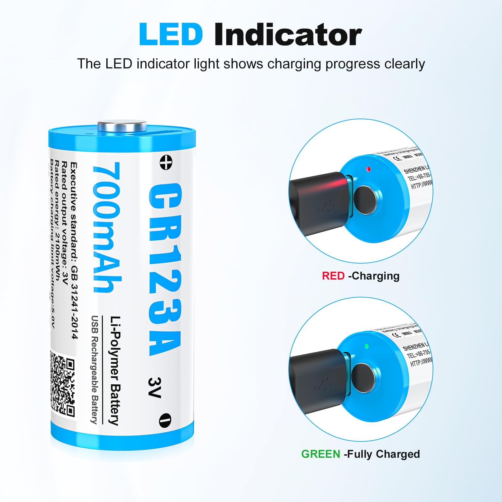 Batteria Ricaricabile CR123A 3V USB-C – 700mAh, Fino A 3000 Cicli, Confezione Da 6