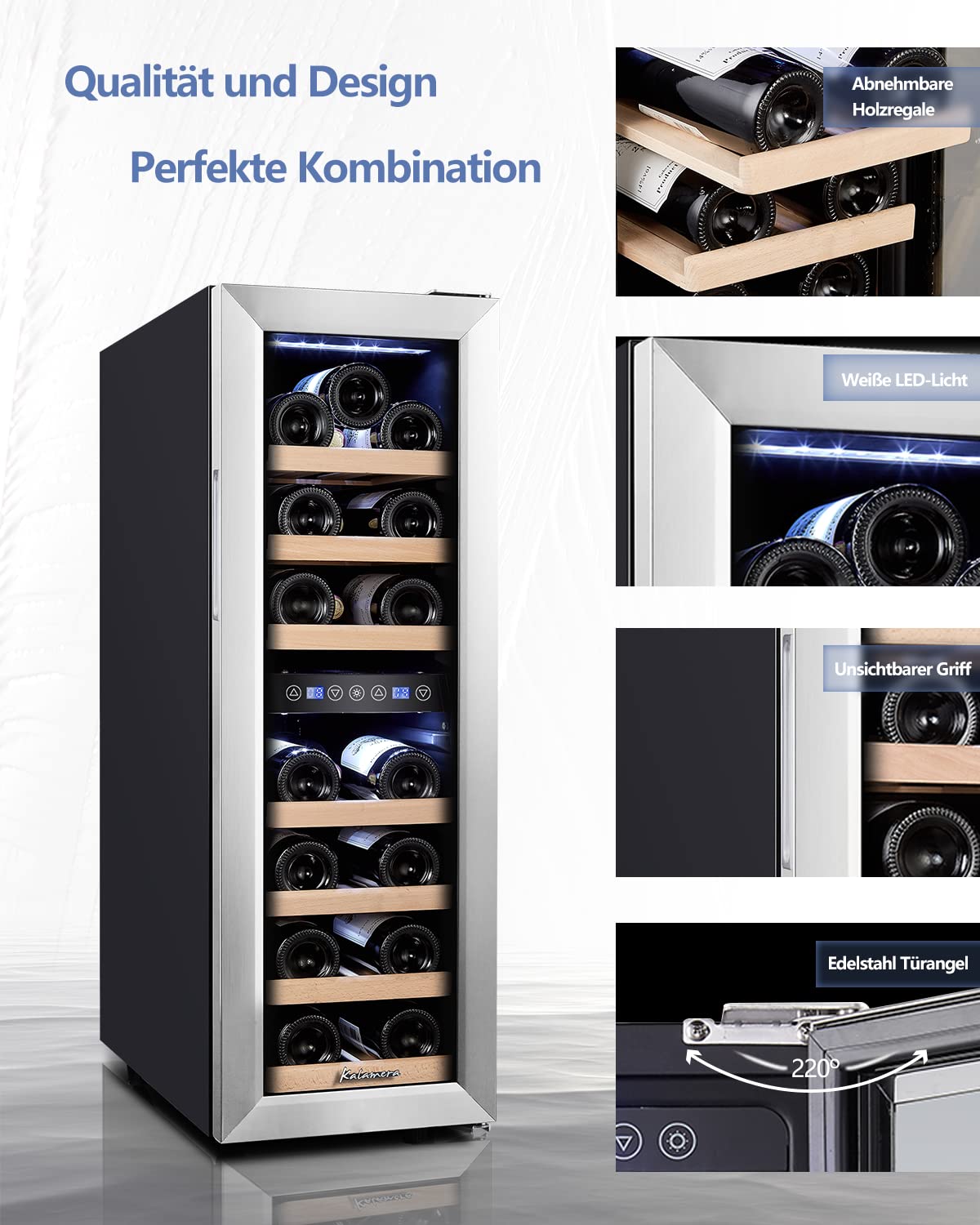 Kalamera Frigorifero per vini, 19 bottiglie, compressore, 75 litri, zone di temperatura 5-10°C/10-18°C, altezza 88 cm, KRC-75BSS