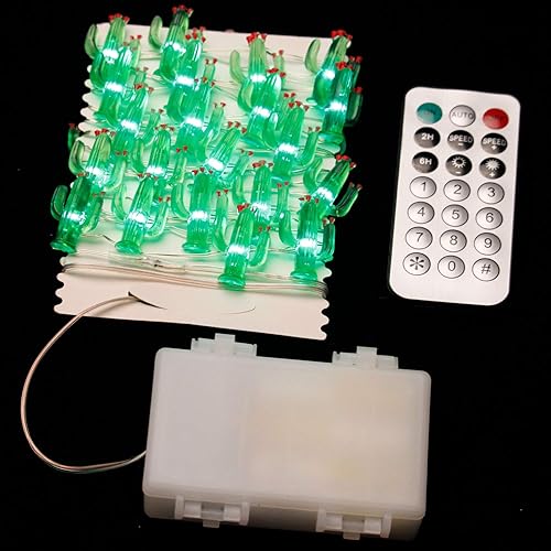 Miniatura 6 de Impress Life Guirnalda de luces de cactus y suculentas, 10 pies, 40 luces LED de hadas de cactus y saguaro, funciona con pilas, control remoto para