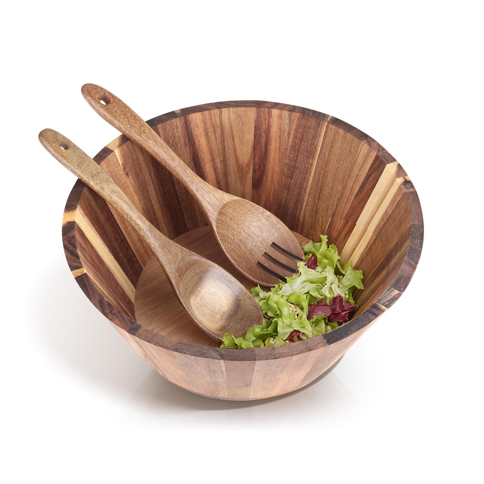 Juego de 3 cuencos de ensalada de madera de acacia de 11.8 pulgadas, cuenco grande con utensilios de servir, tenedor y cuchara para mezclar frutas, cereales, cocina, fiesta en casa (3