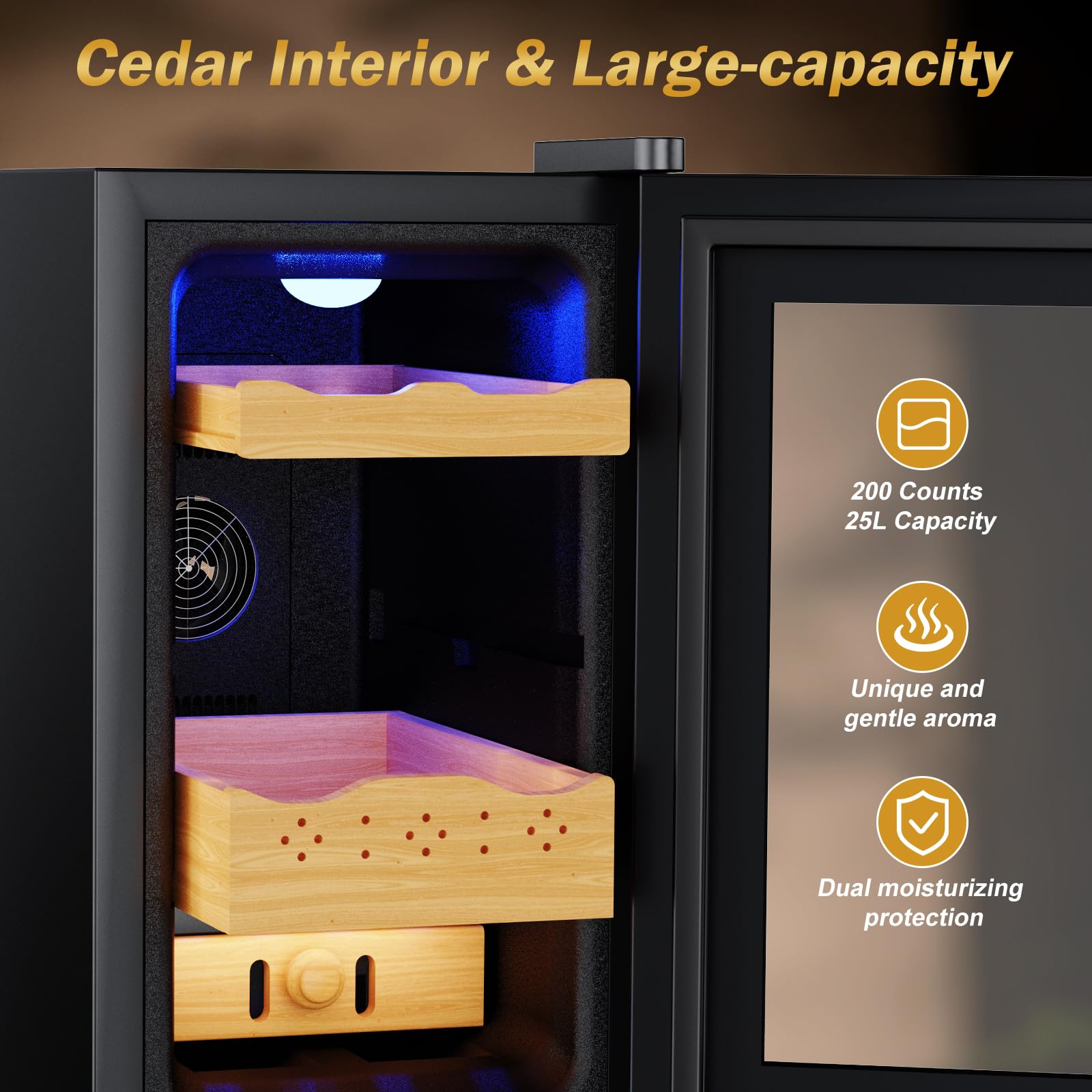 Electric Humidor-25l Cooling & Heating Humidor Cabinet, Smart Touch Control Humidity & Temp, Humidors Wtih Spanish Cedar Wood Tray And Drawer, Digital Display, Safety Lock, Desktop Gift For Men on Fridge.com - View 3