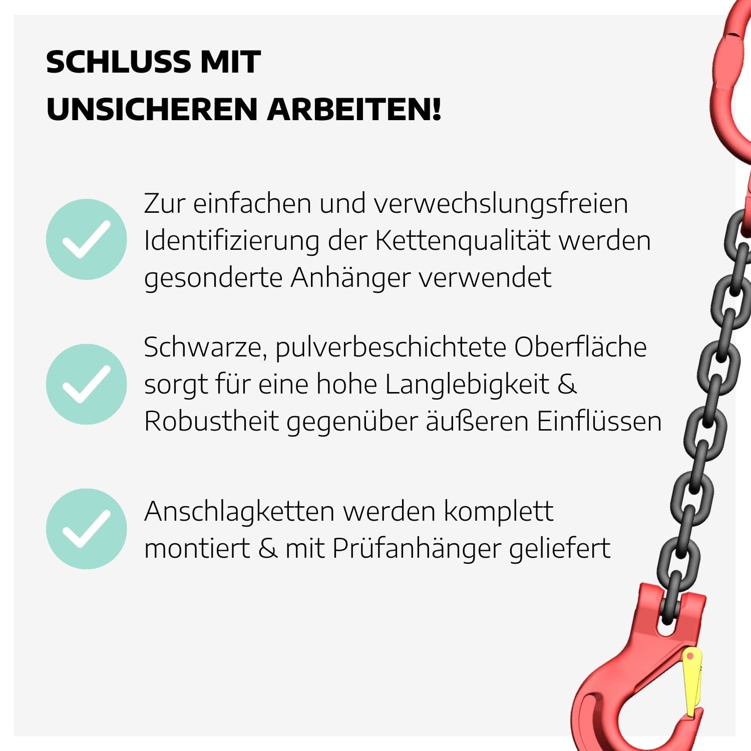 Einstrang-Kettengehänge 8 mm GK 8 I 1 m Lange Anschlagkette für die Baustelle I Bagger-Zubehör I Traglast 2000kg nach EN818-4 I Kettengehänge 1-Strang I Baustellen Werkzeug