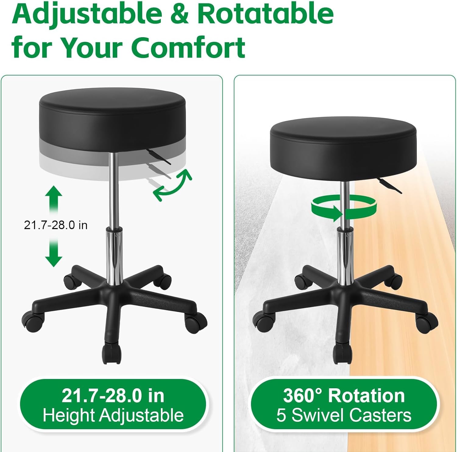 Hydraulic Adjustable Rolling Stool with Wheels, 360° Swivel Office Chair, 400LBS - for Salon, Tattoo, Barber, Massage, PU Leather, Easy-Clean, Whisper-Quiet Casters, Black