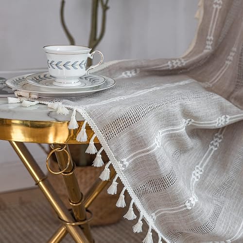 Miniatura 7 de Cortinas de lino de 63 pulgadas de largo, 2 paneles para sala de estar, cortinas bordadas caqui de estilo bohemio para dormitorio, cortinas rústicas