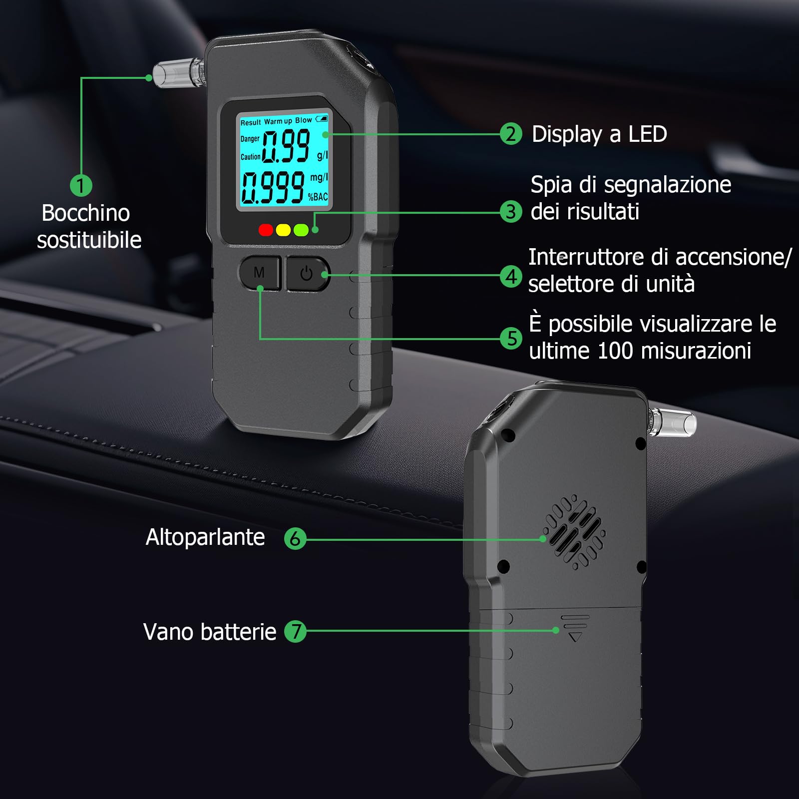 Super Barley Etilometro Portatile Certificato, Professionale Alcol Test, Digitale Etilometro con Display Schermo LED, con 20 Bocchette, per Uso Personale Famiglia e Professionale - 4