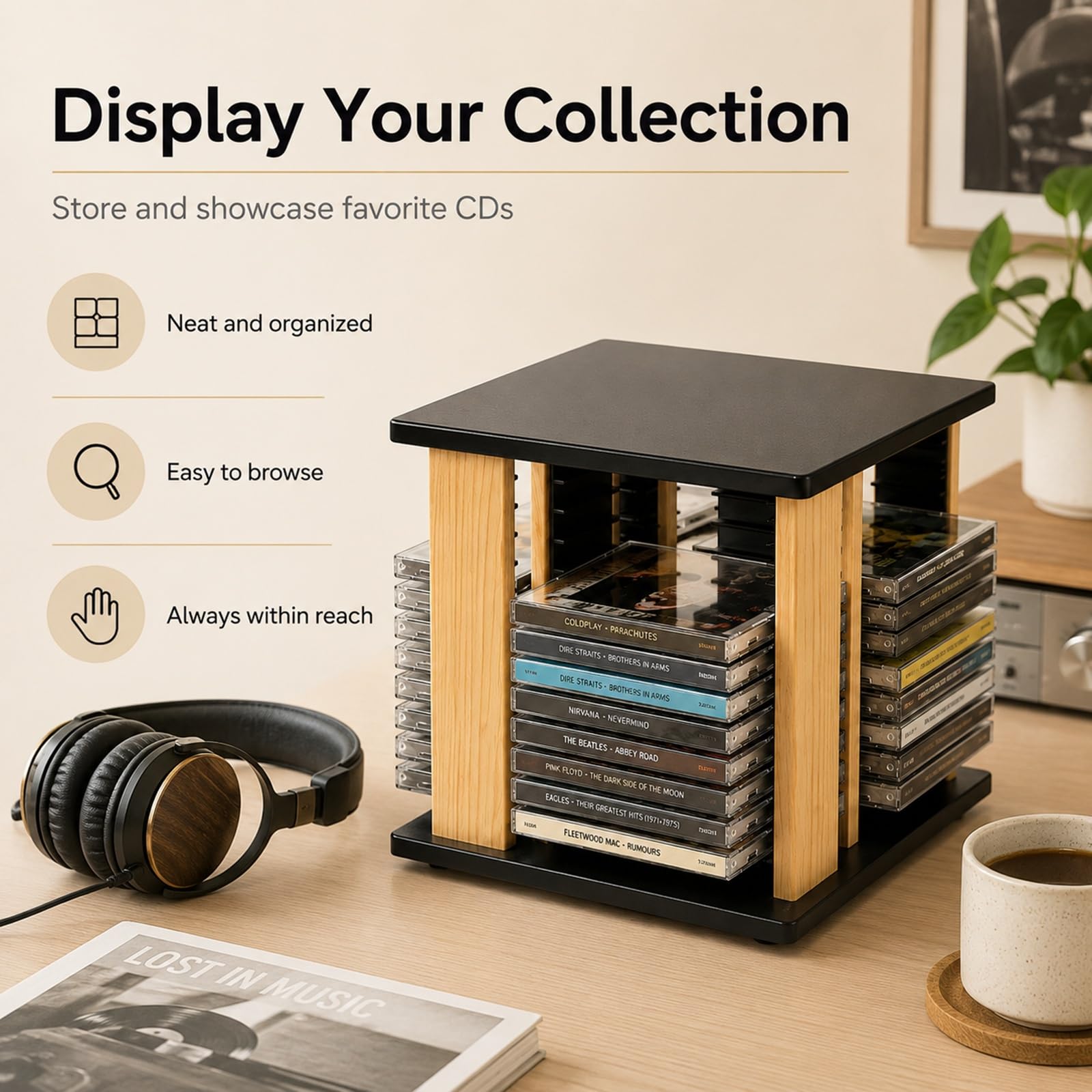 Porta CD e DVD da Scrivania Girevole a 360 Gradi in Legno for Multimedia | Contiene 45 Custodie Standard con Design Salvaspazio da Tavolo for Collezioni di Videogiochi e Film in DVD