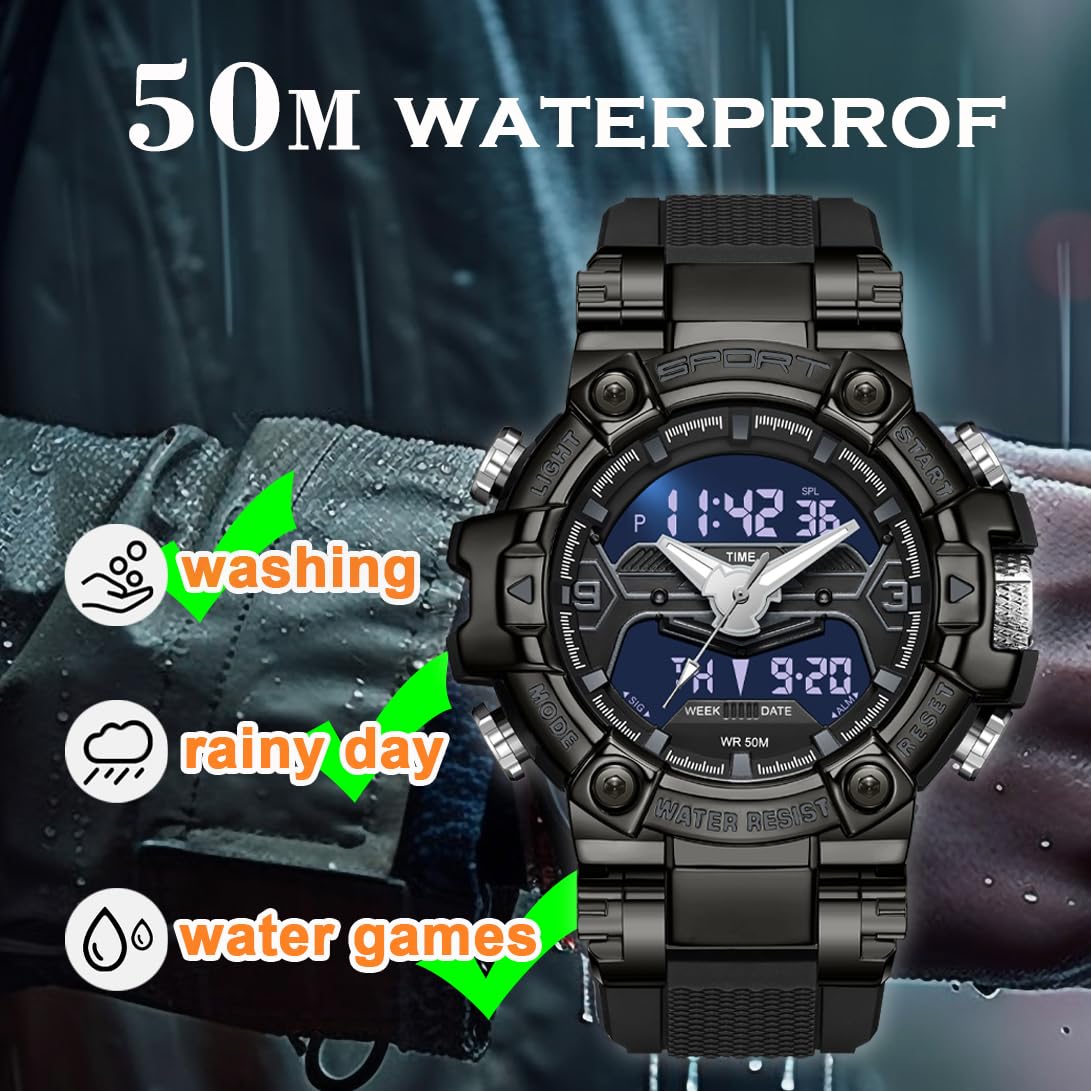 findtime Reloj deportivo militar para hombre, reloj digital resistente al agua con retroiluminación LED, alarma, cronómetro
