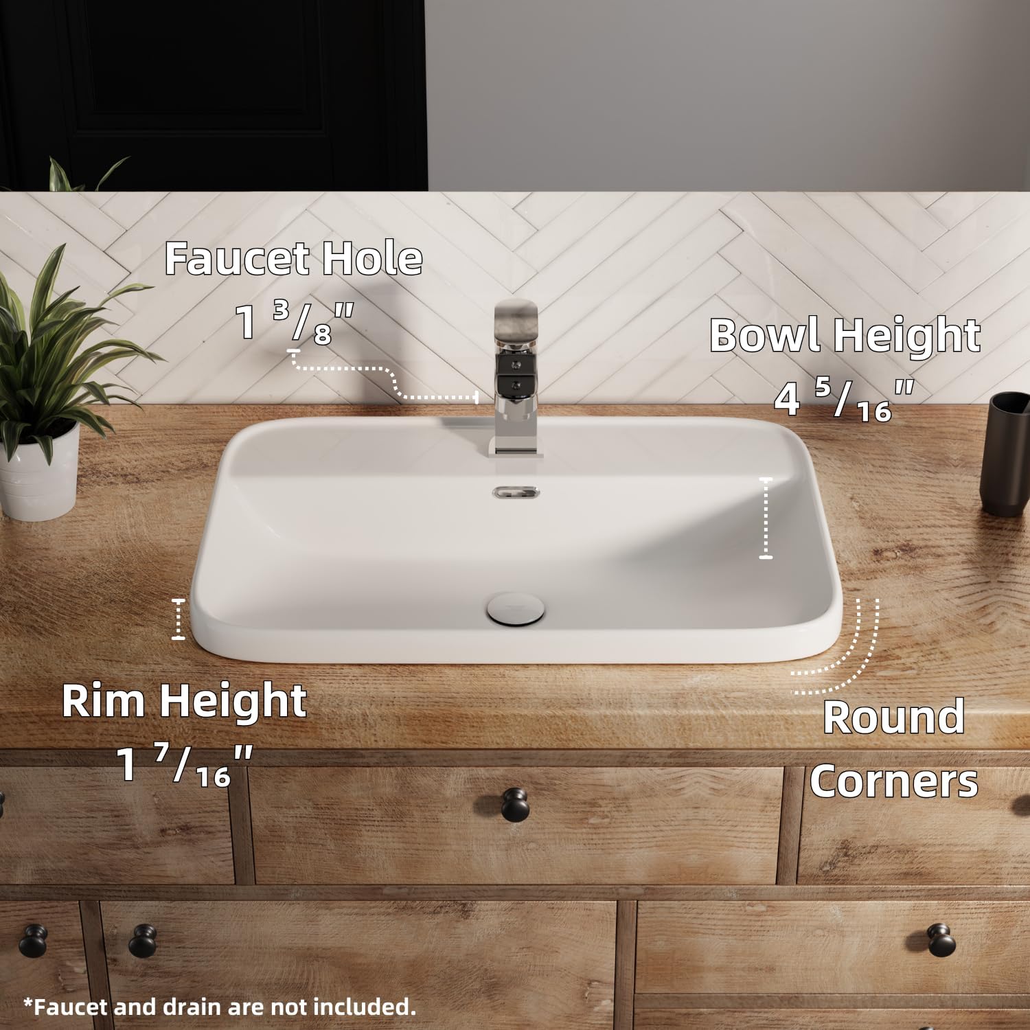 24''W x 17''D Bathroom Drop In Sink with Single Faucet Hole, Los Flexi 24 Inch Semi Recessed Vessel Sink Rectangular, White Vessel Sinks for Bathrooms with Chrome Finish Overflow Hole