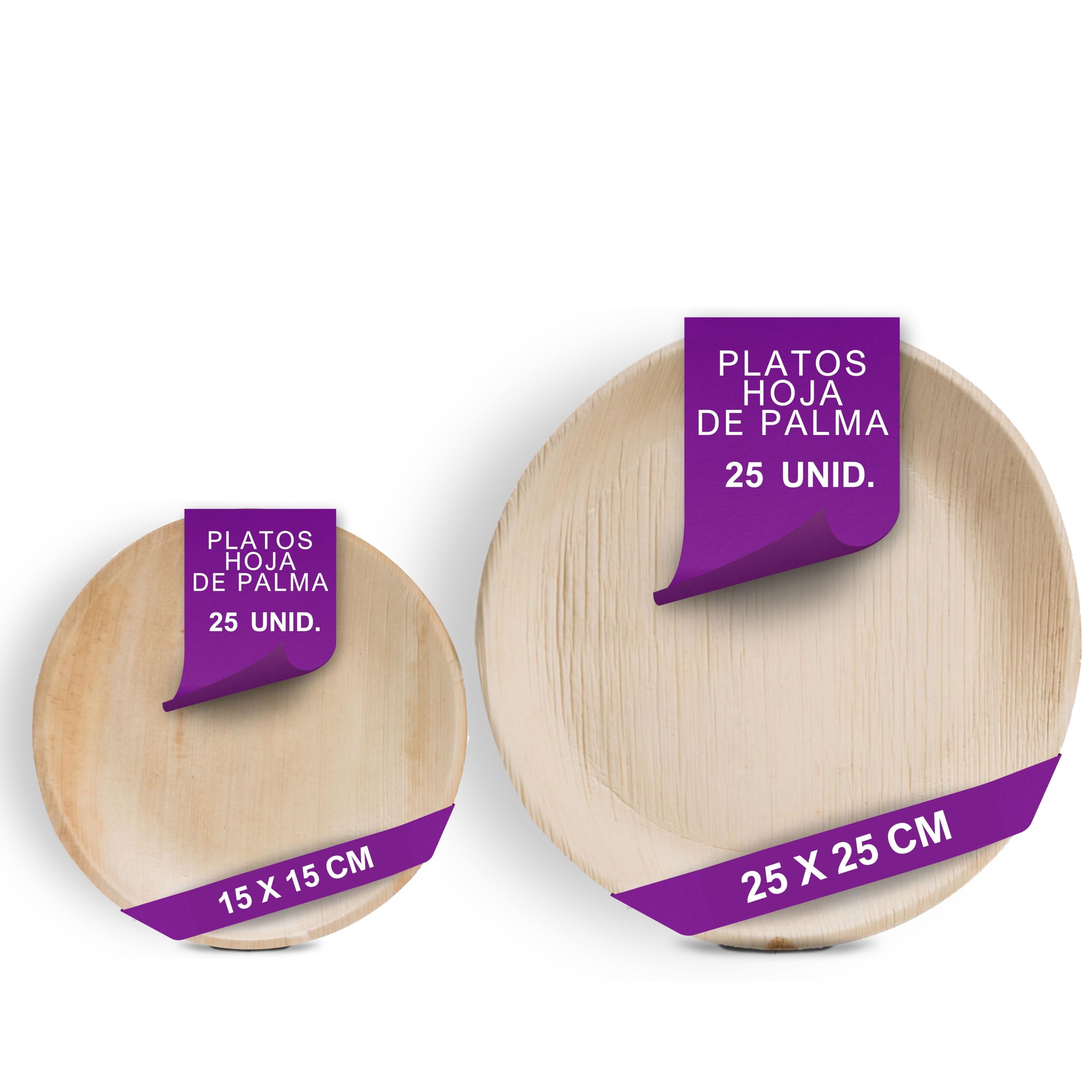 Platos Desechables Redondos de Hoja de Palma Orgánicos - Conjunto de 25 pz. Ø 15 cm y 25 pz. Ø 25 cm