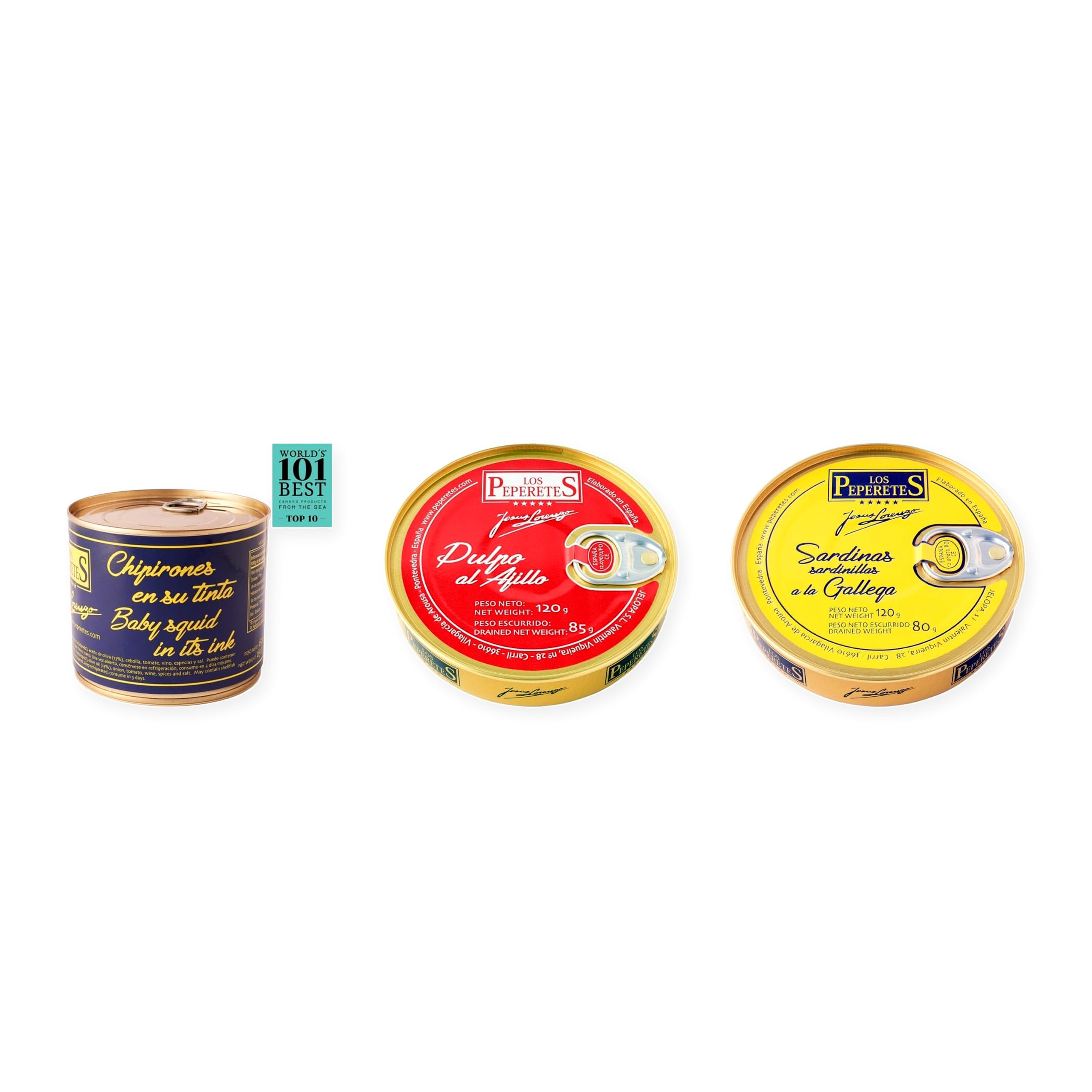 los peperetes conservas Chipirones Tinta 460g, Pulpo Ajillo y Sardinillas Gallega pack 3 latas