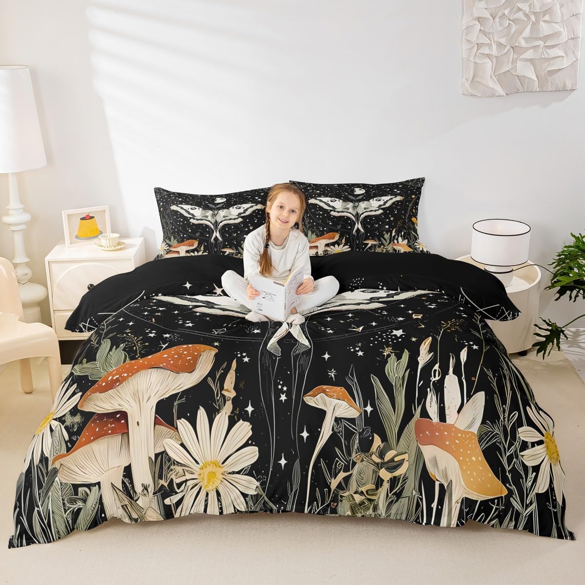 Feelyou Death Moth Comforter Set Queen Size Kids Cute Mushroom Duvet Quilt for Boys Girls Teens Cartoon Mushrooms Fungus Boho Moth Galaxy Botanic Floral Bedding Set Soft Lightweight Room Decor 3Pcs