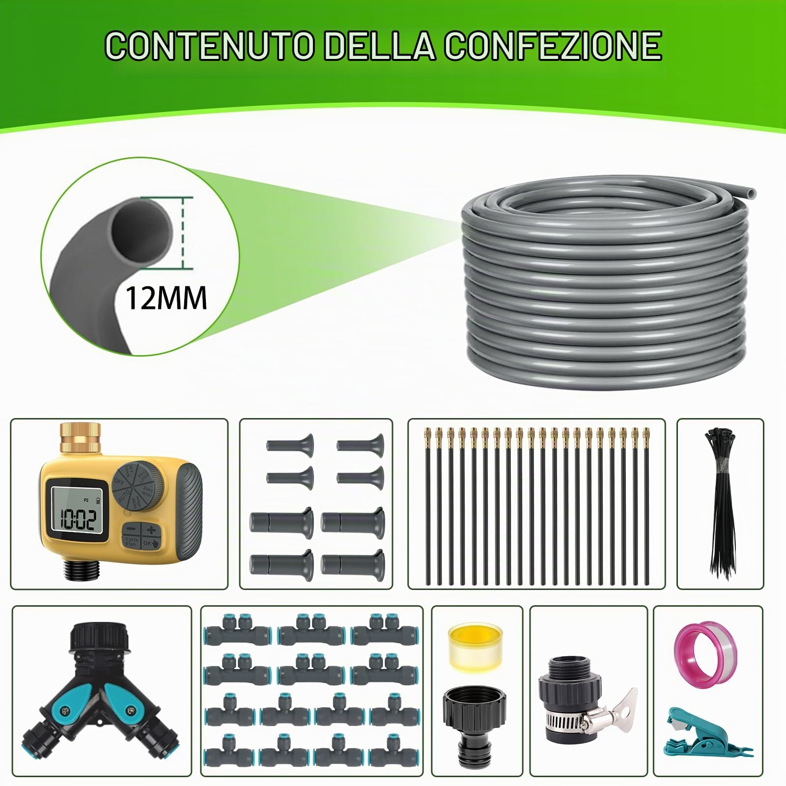 Sistema di irrigazione Micro Drip System, 30 m, con timer e 20 ugelli, sistema di irrigazione automatico a 360°, adatto per piante da giardino, aiuole, giardini, piante in vaso e prati