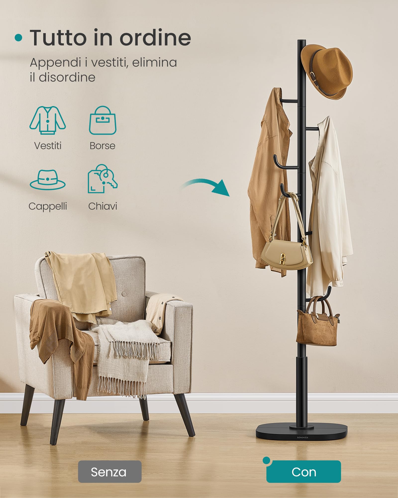 SONGMICS Attaccapanni da Terra a Forma di Cactus, Appendiabiti, 8 Ganci Curvi verso l'Alto, Altezza 175,3 cm, per Abiti Cappelli Borse, Nero Inchiostro RCR039BH01