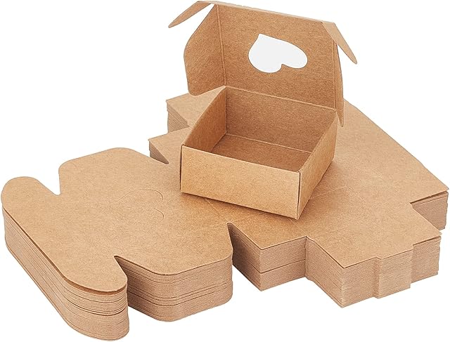 SUPERFINDINGS 42pcs 5.5x5.5x2.5cm Folded Small Brown Kraft Gift Boxes with Heart Windows Wedding Favour Paper Candy Kraft Boxes for Anniversary Birthday Party Jewelry