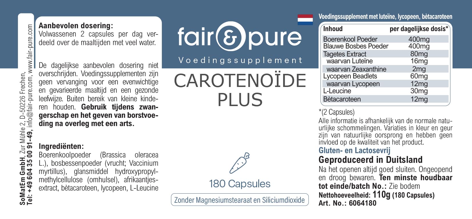 Fair & Pure® - Carotinoidi Plus - Complesso di carotenoidi - Con Beta-carotene, luteina, zeaxantina e licopene - Vegan - 180 Capsule
