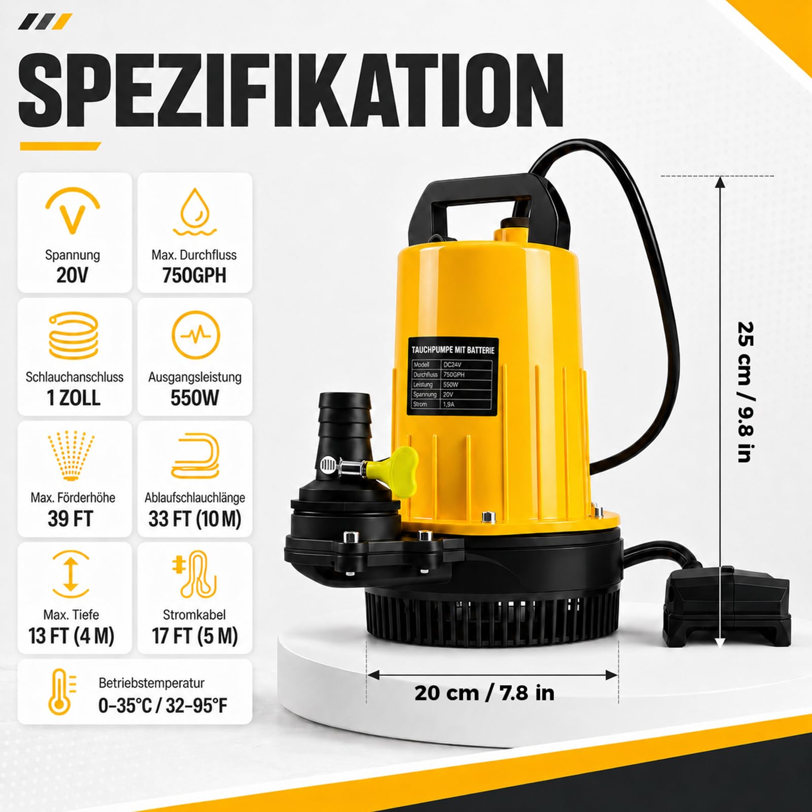 Akku Tauchpumpe für Dewalt 18V Akku (Ohne Akku), 2800L/H Klarwasserpumpe mit 12m Förderhöhe, 5m Anschlusskabel, 10m Ablaufschlauch & Sicherheitsdeckel, für Pool, Wasserbett, Garten, Teich Entwässerung