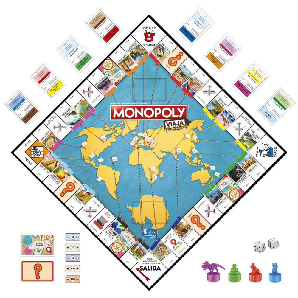 Monopoly Viaja por el Mundo - Juego de Mesa para Toda la Familia y niños a Partir de 8 años - Incluye peones-cuños y Tablero de borrado en seco