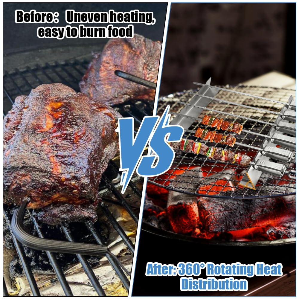 Zestaw 4 uchwytów na szpikulce BBQ ze stali nierdzewnej z 6 nacięciami | Kompatybilne z płaskimi szpikulcami do grillowania na świeżym powietrzu