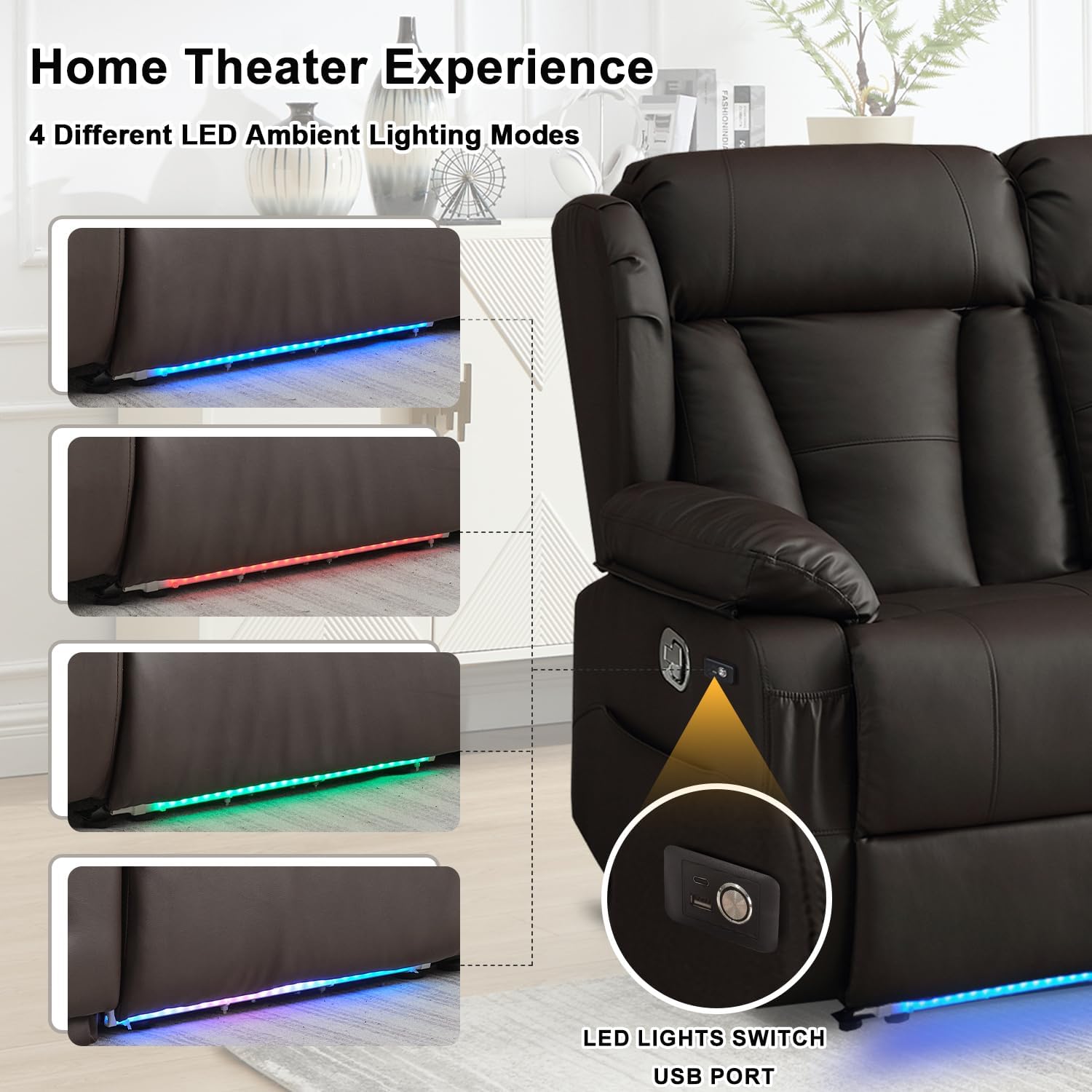 Loveseat Recliner Sofa, RV Recliner Couch, Manual Reclining Loveseat with Console for Living Room, Home Theater Seating with AC/USB C/USB LED Light Drawer (Brown, Loveseat with Console)