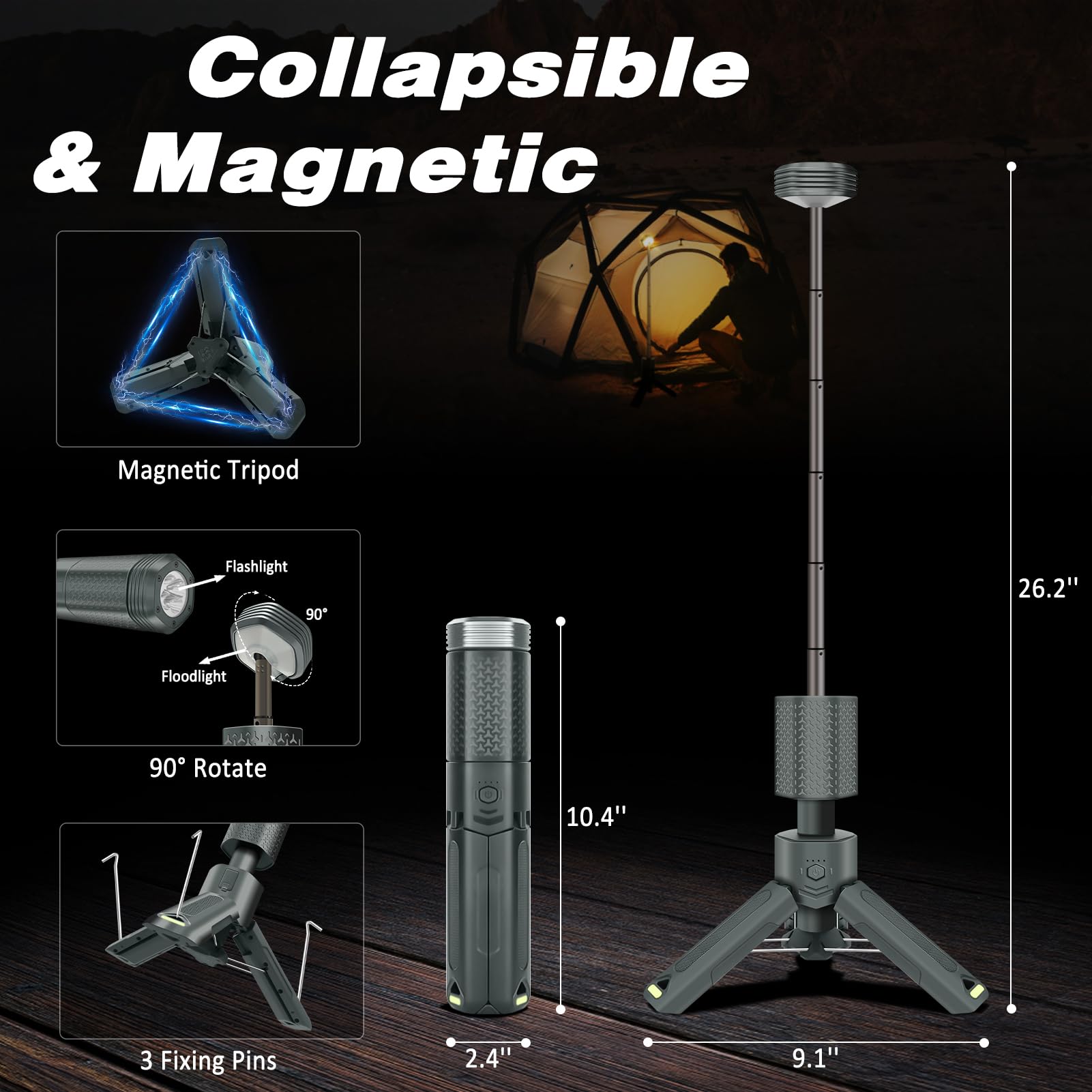 ISUNMEA Linterna de camping telescópica, portátil, plegable, magnética, con 10500 mAh, IPX7, impermeable, recargable, luz de camping plegable para senderismo, camping, emergencia, pesca