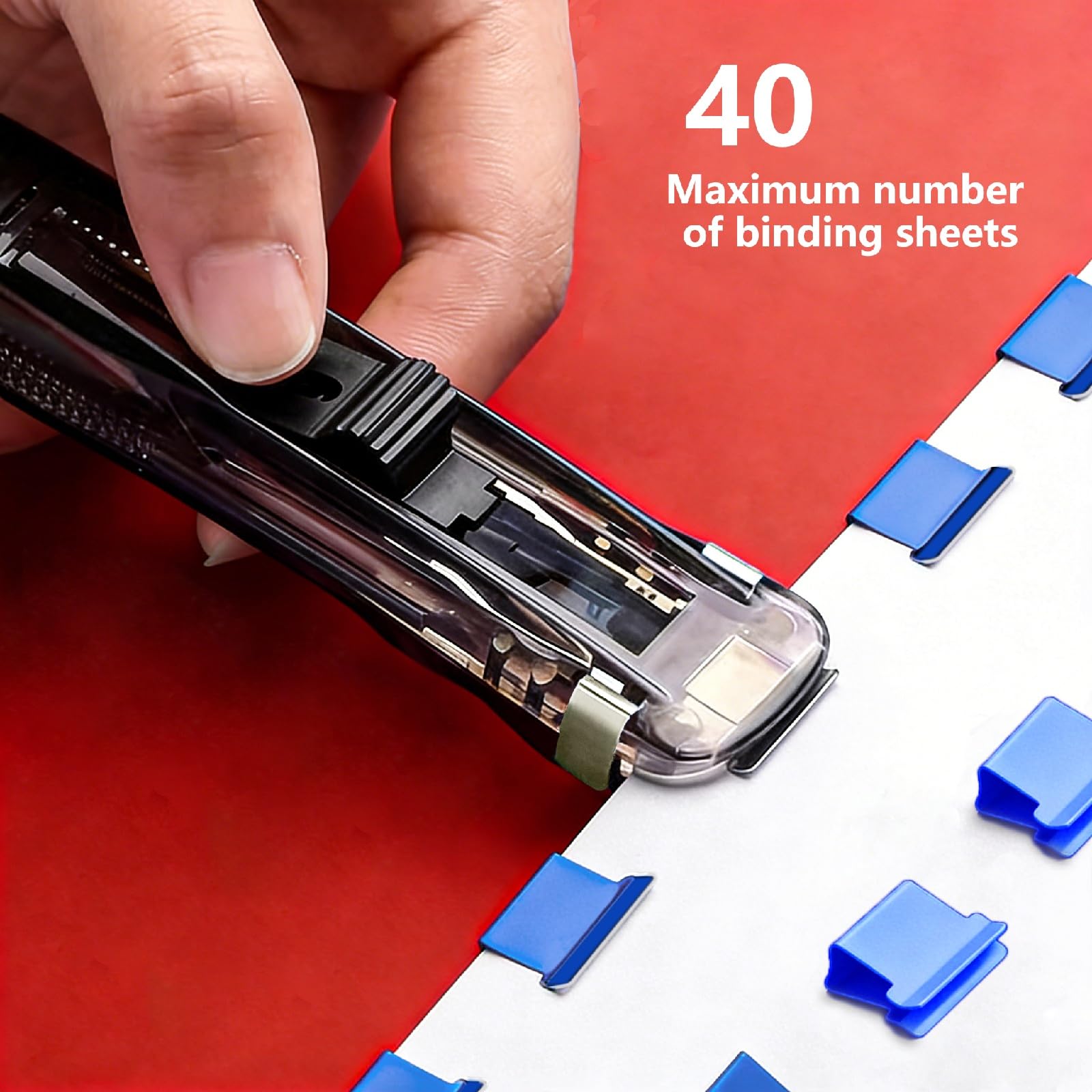 Agrafeuse à pousser, pinces à papier avec 140 clips de recharge réutilisables en acier inoxydable, capacité de 40 feuilles, distributeur de pinces pour documents de bureau, fournitures scolaires
