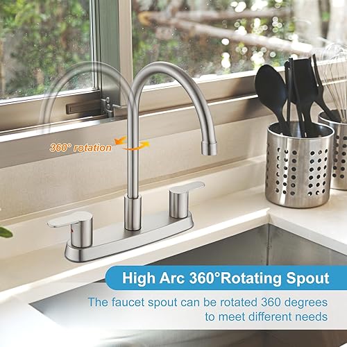 Miniatura 6 de Grifo de cocina, juego central de 8 pulgadas para fregadero, 3 agujeros, doble mango, grifo de fregadero de cocina de arco alto, boquilla giratoria
