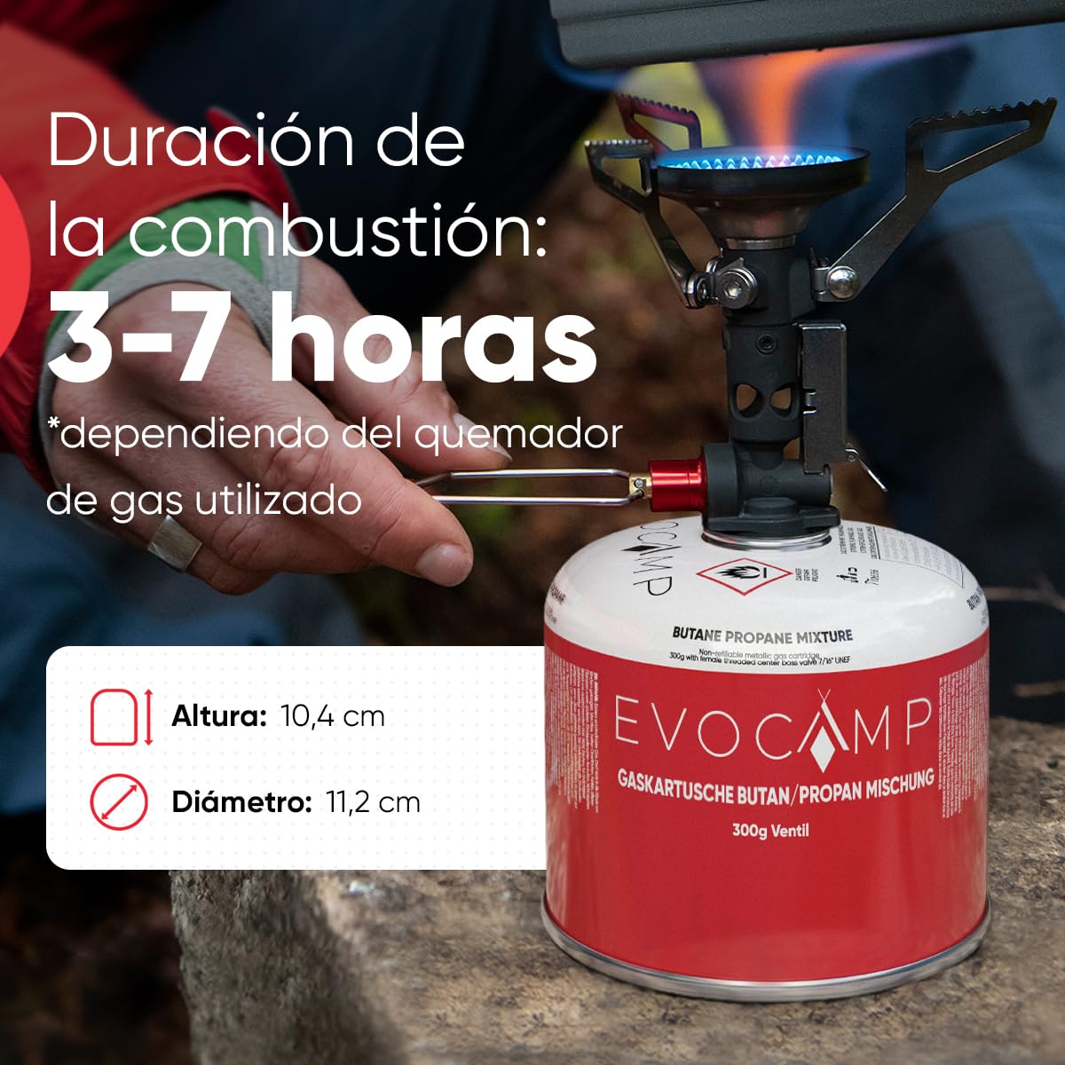 EVOCAMP cartuchos de gas Propano Butano 300g, válvula de rosca Eurogewinde 7/16", cartuchos de válvula 539ml con cierre de seguridad automático (6X)