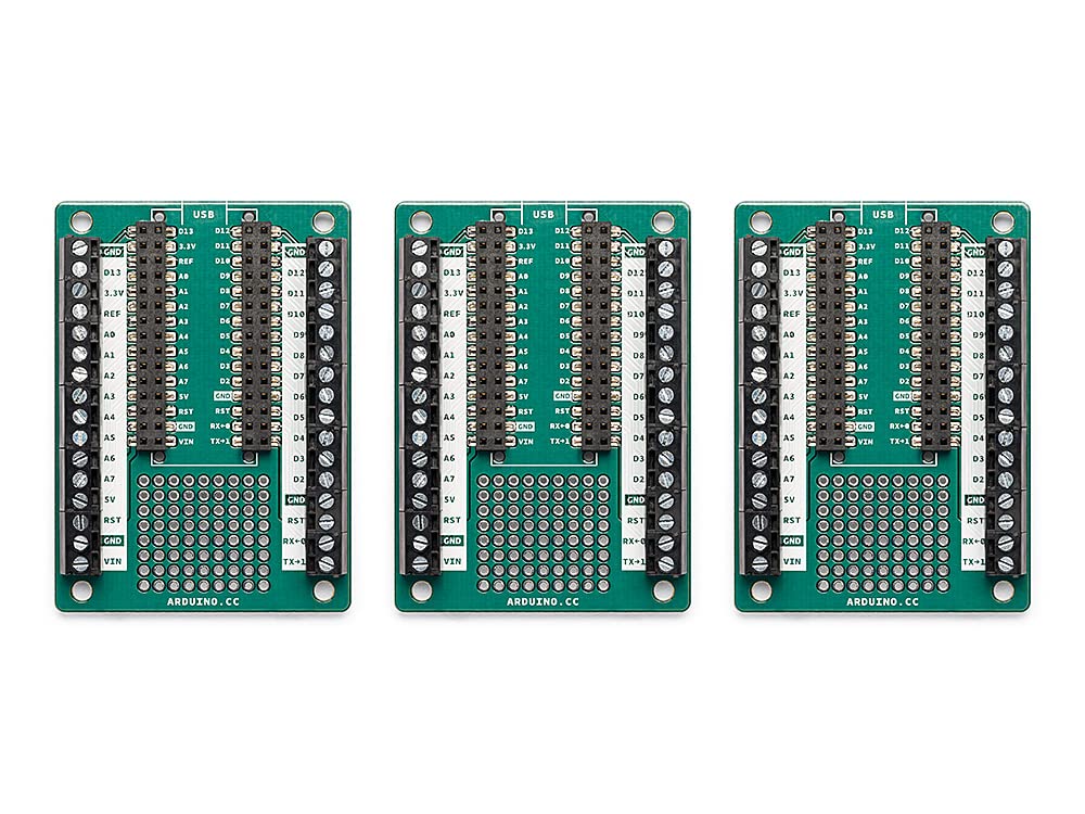Arduino Nano Screw Terminal Adapter (3 Boards Pack) [ASX00037-3P] - Confezione da 3 adattatori terminali a vite per schede Arduino Nano, ideali per connessioni robuste e progetti elettronici