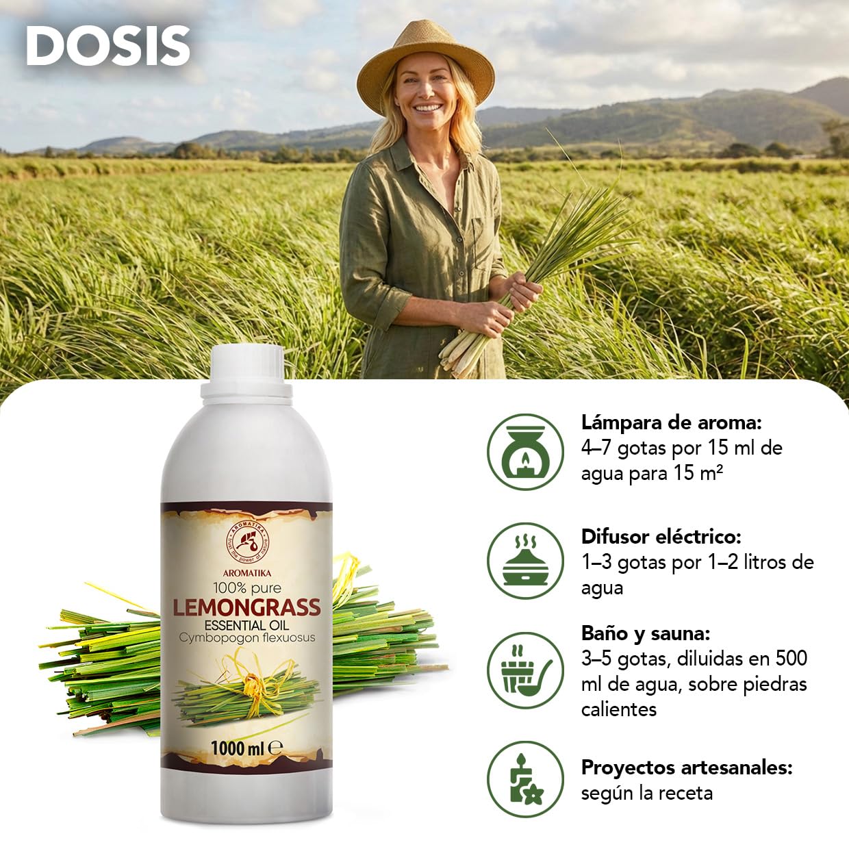 Aceite Esencial de Hierba de Limón 1000 ml - Cymbopogon Flexuosus - Natural y Puro - Aceites Esenciales para Difusores - Fragancias para el Hogar - Jabones y Velas - Aroma fresco - Aromaterapia