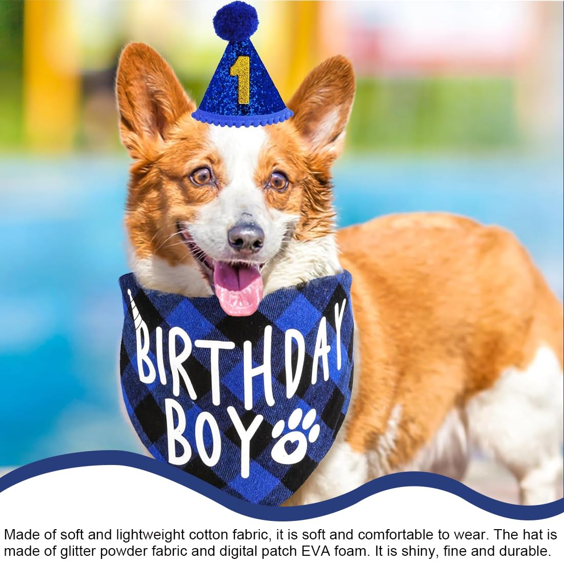WUSJCOF Set Compleanno Cane 3 Pezzi, Bandana e Cappello con 8 Numeri Bling Adesivi, Regalo di Compleanno per Cani, Decorazioni per Festa di Compleanno Cane (Blu)