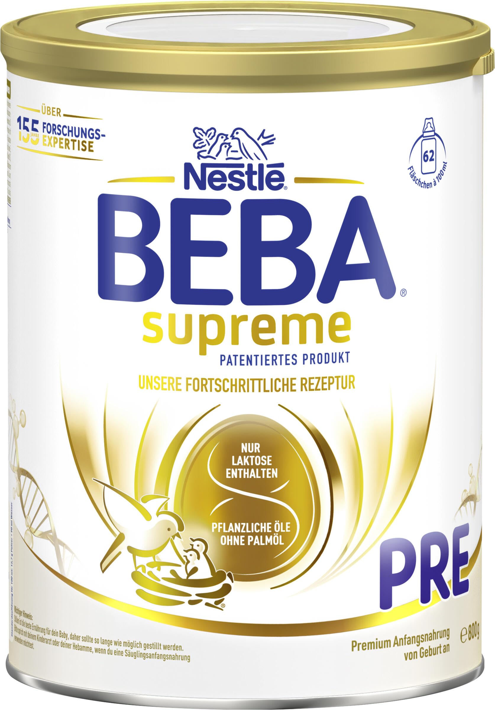 BEBA SUPREME PRE - Anfangsmilch von Geburt an, Patentiertes Produkt, Nur Laktose, Ohne Palmöl, Ohne Fischöl, Babynahrung, Baby-Milchpulver, 6er Pack (6 x 800g)