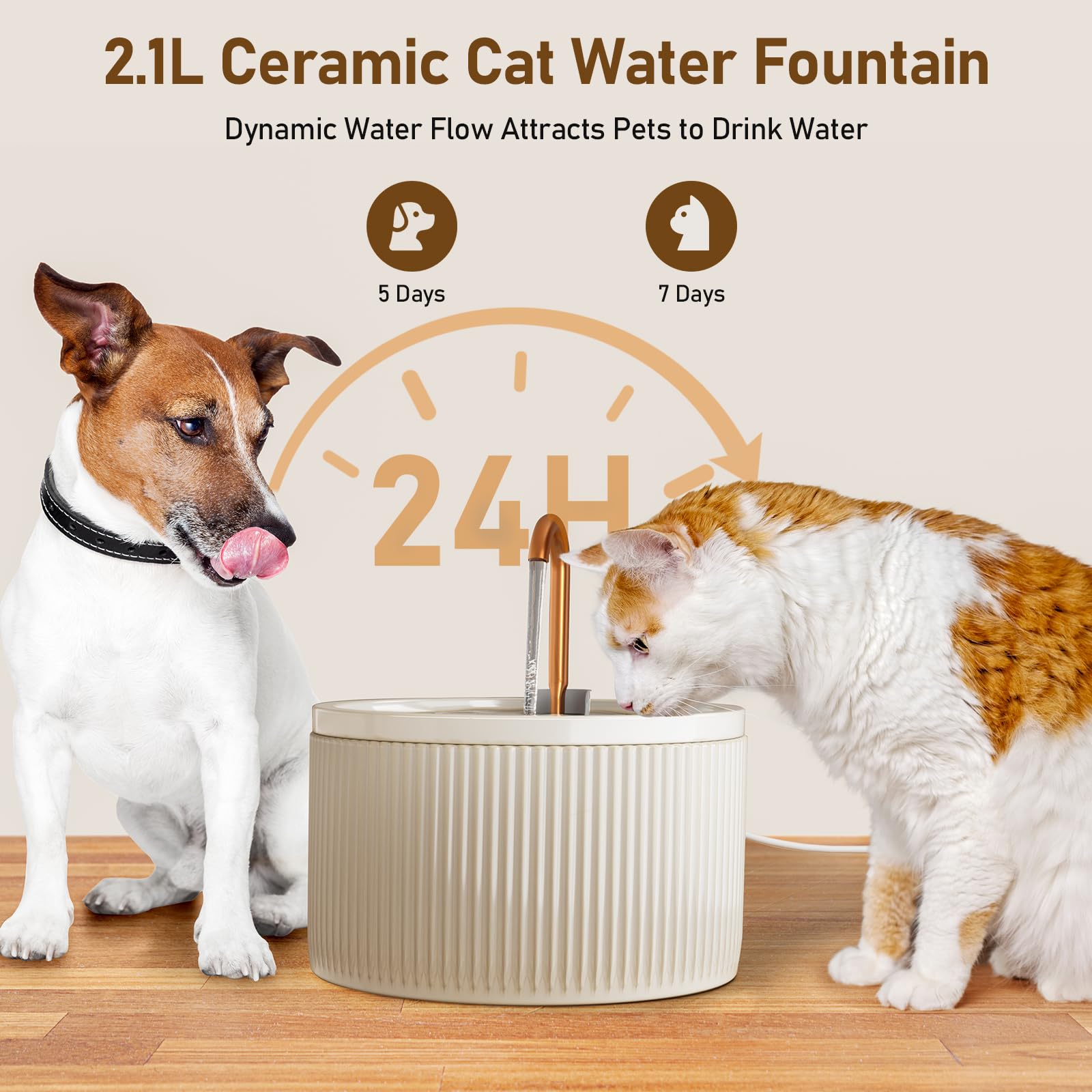 DOOOB - Fuente de agua de cerámica para gatos, fuente de agua automática para mascotas de 2.1 L, bomba ultra silenciosa, 3 filtros y 3 esponjas (beige)