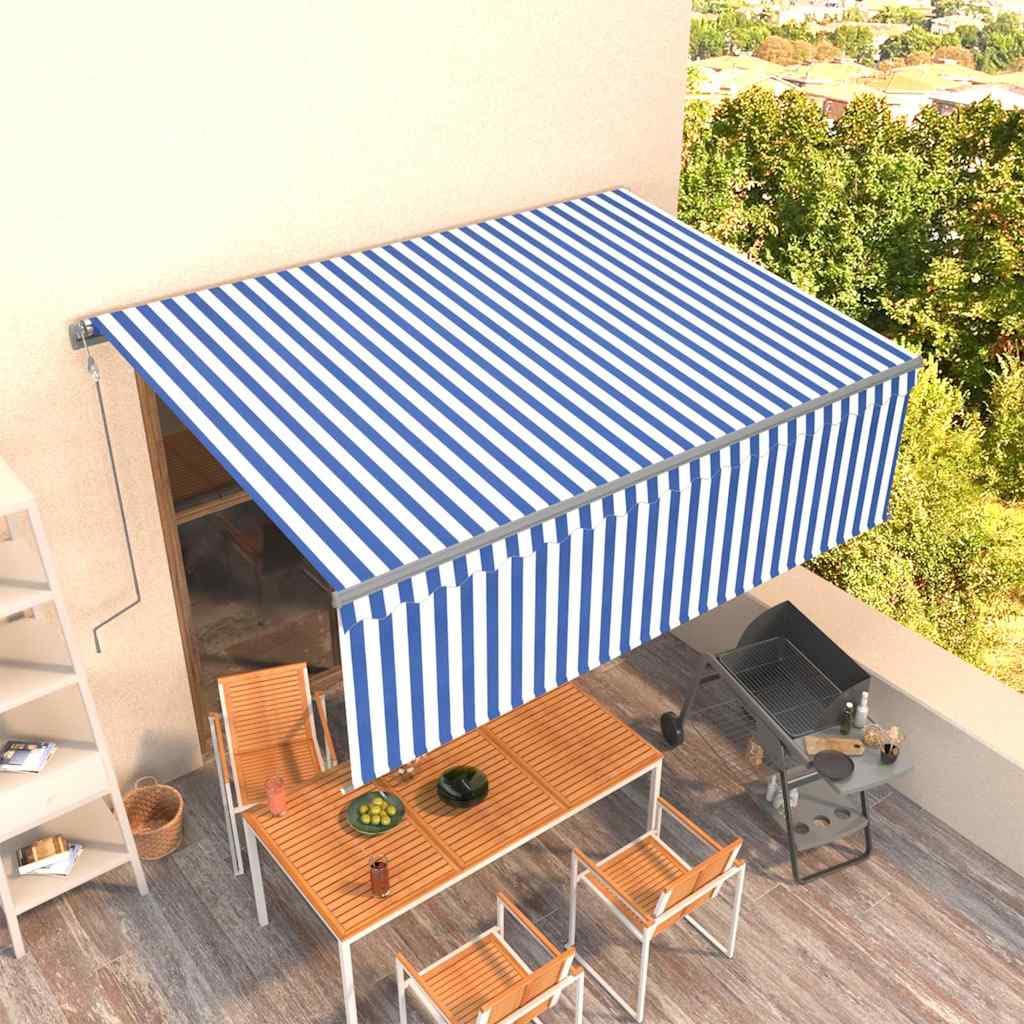 Automatycznie zwijana markiza 4 x 3 m, niebiesko-biała, z falbanką i pilotem zdalnego sterowania, na balkon i taras, wiatroszczelna, wodoodporna, odporna na warunki atmosferyczne, nadaje się