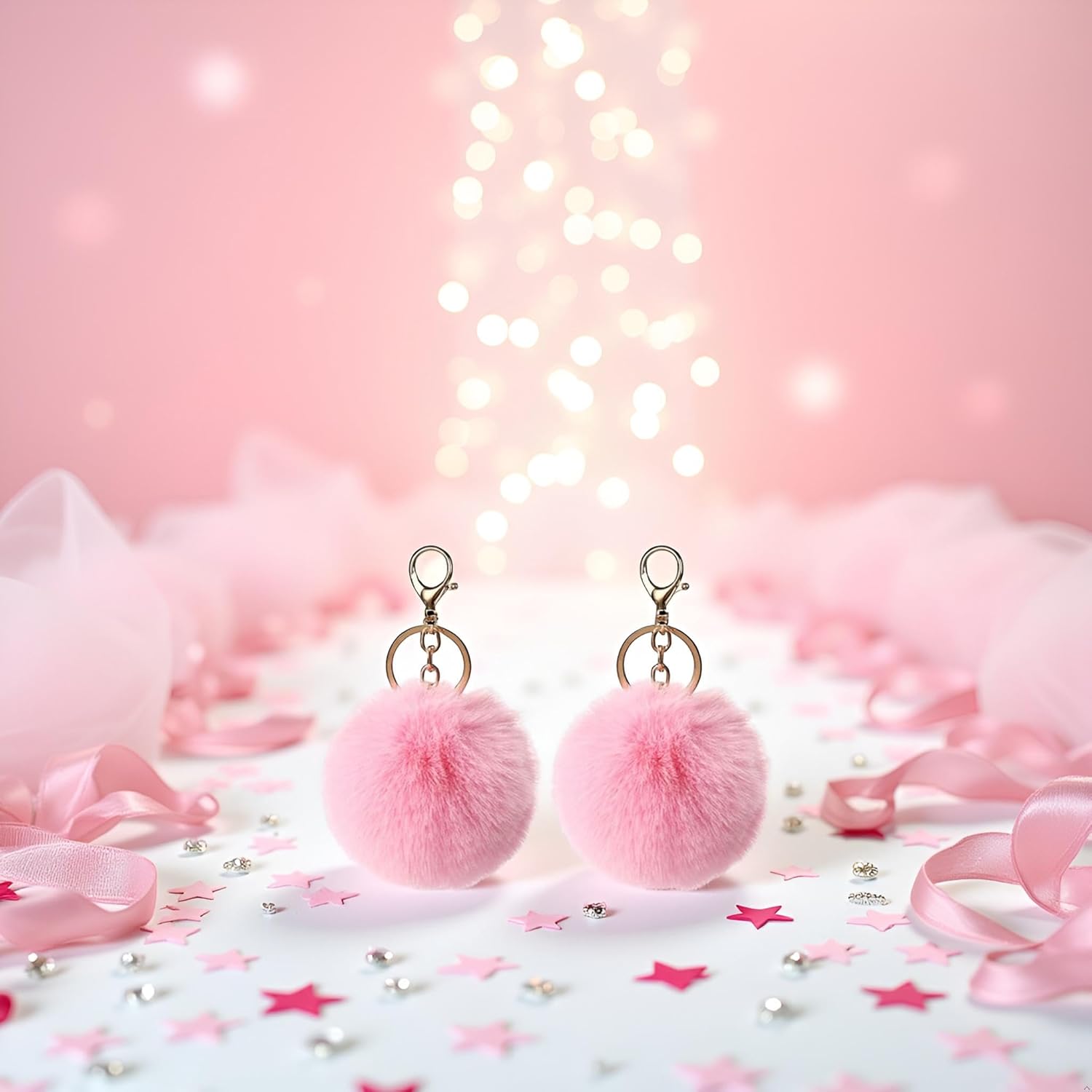 2 Pcs Pink Cute Pompom Keychains Fluffy Faux Fur Ball Keychain Artificial Faux Rabbit Fur Keychain Fluffy Plush Ball Bag Hanging Pendant Purse Charm Key Holder Women Accessories - Image 3