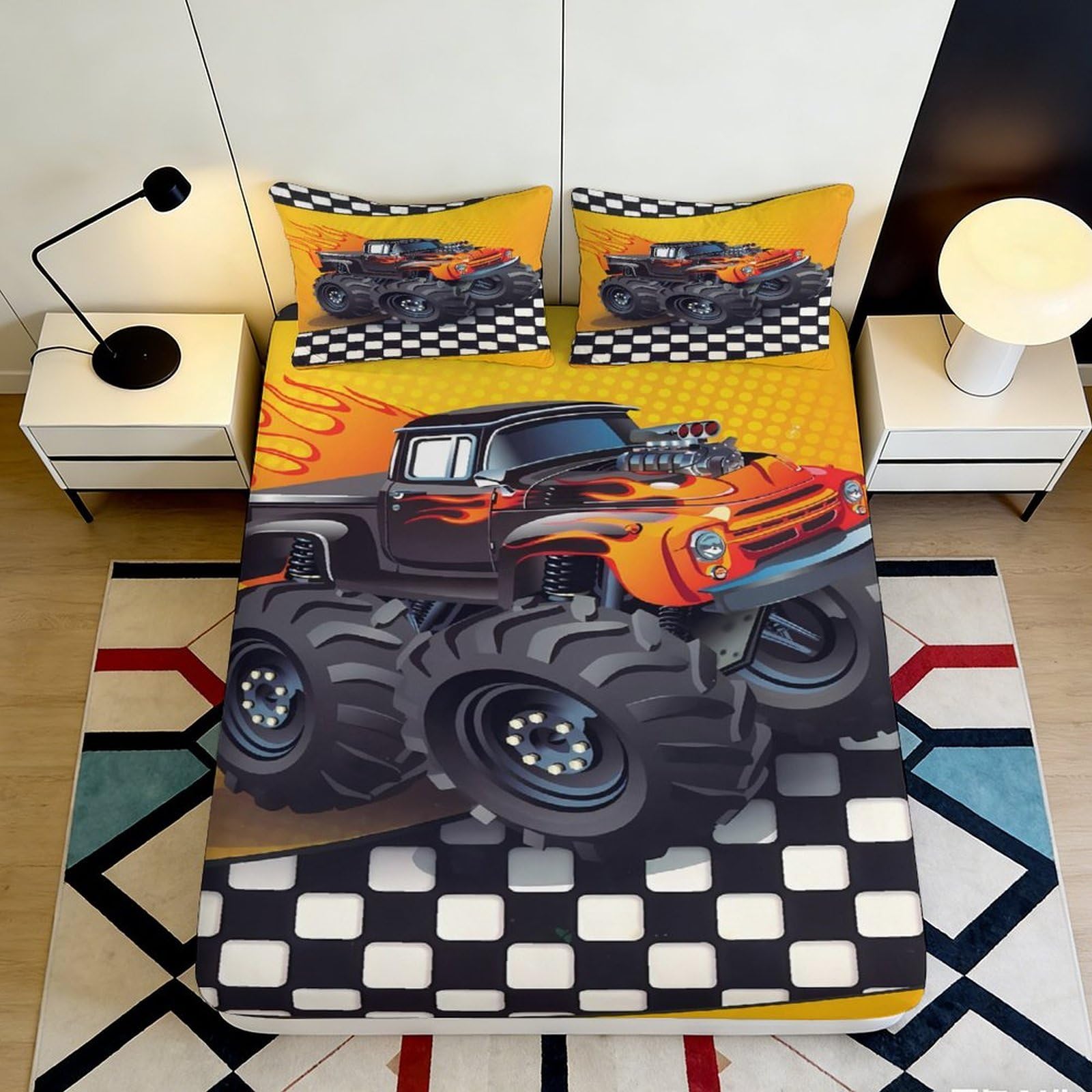 Pnayamiorkfel Style-3 3D Printed Monster Truck Fitted Sheet Microfiber Orange Black Bed Cover For Bedroom Guest Room Decor Easy Care 90X200x25cm
