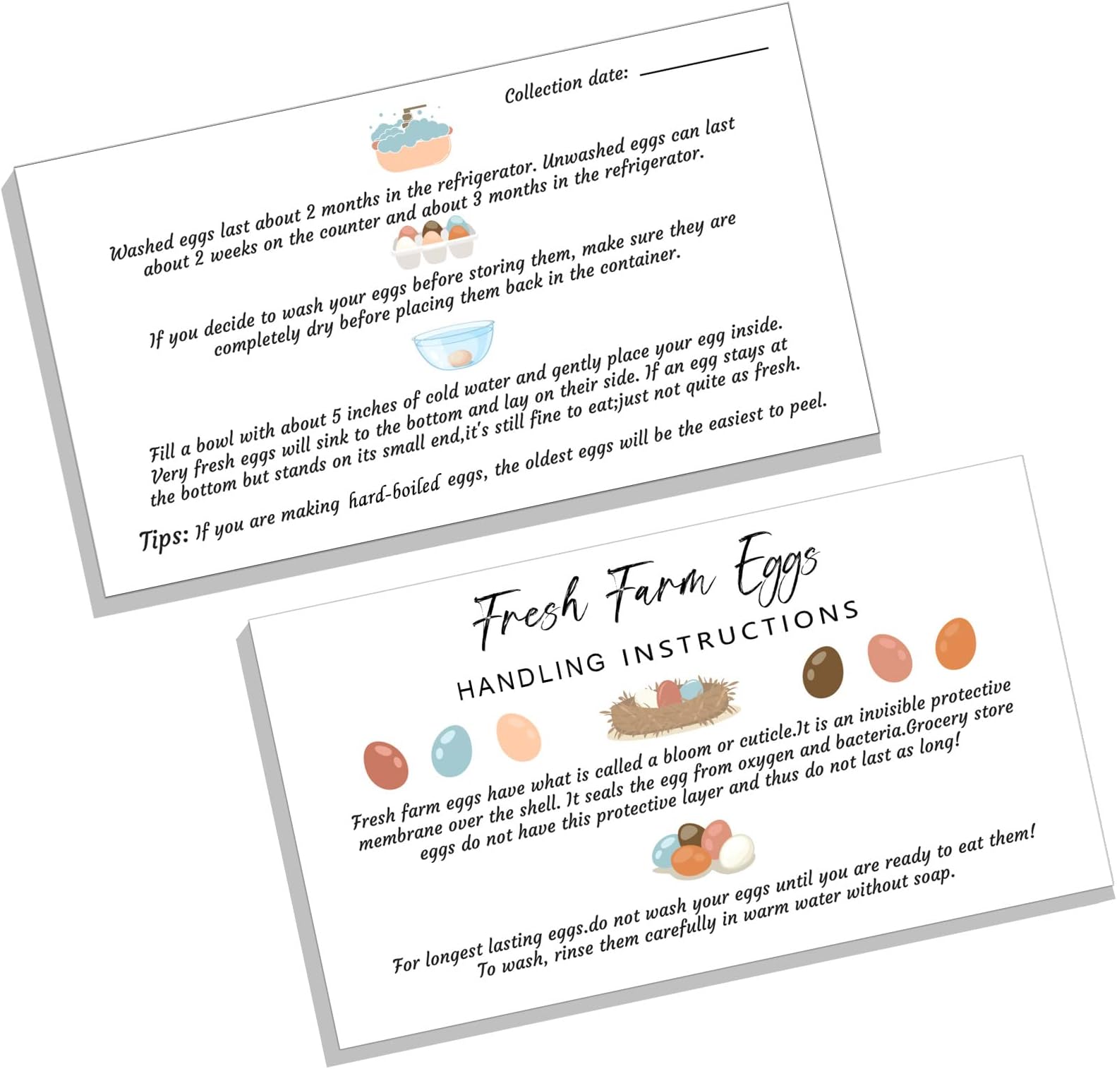 Sinmoe 200 Pcs Fresh Farm Eggs Handling Instructions 2 x 3.5 Inches Egg Stamps for Fresh Eggs Colored Egg Design Business Card White Egg Handling Instruction Card for Farm Fresh Eggs