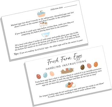 Sinmoe 200 Pcs Fresh Farm Eggs Handling Instructions 2 x 3.5 Inches Egg Stamps for Fresh Eggs Colored Egg Design Business Card White Egg Handling Instruction Card for Farm Fresh Eggs