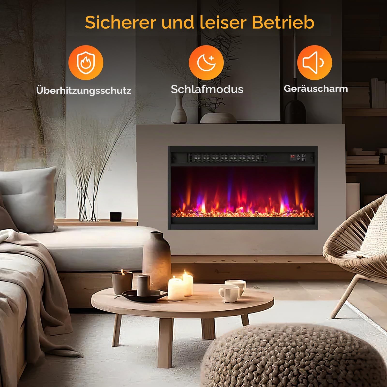 SOARS Elektrischer Kamin 1500W, Dekorativer Kunstkamin mit LED-Flammeneffekt 12 Farben, 3 Helligkeitsstufen, Heizung 17-32℃, Überhitzungsschutz, Fernbedienung (60,9 x 11,8 x 34,2 cm)