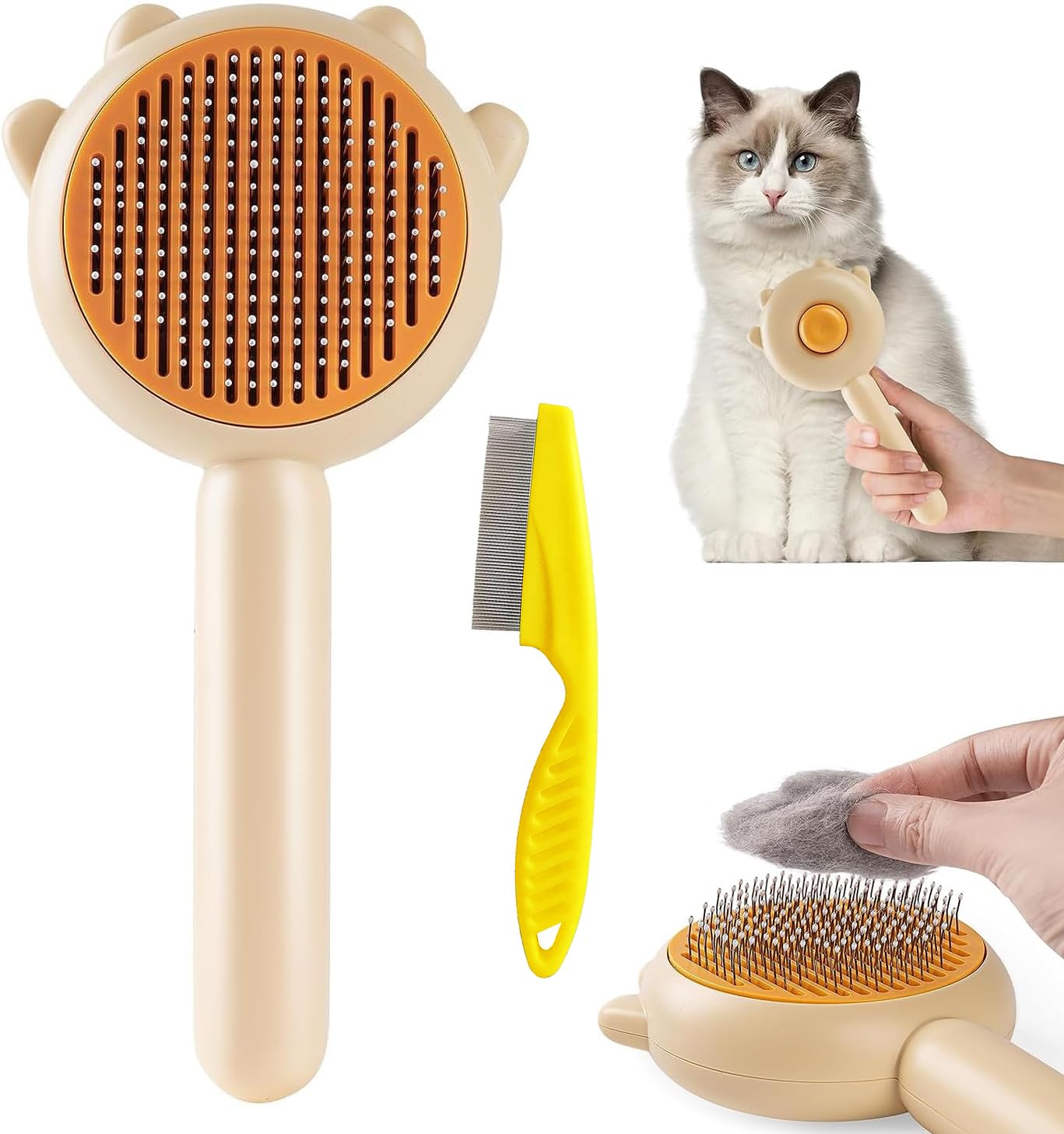 2 Piezas Cepillo para Mascotas, Cepillo Limpiador de Pelo de Mascotas, Cepillo de Aseo para Gatos y Perros, Cepillo Autolimpiante para Gatos, Cepillo para Gatos, Perros (Kitten-Yellow)