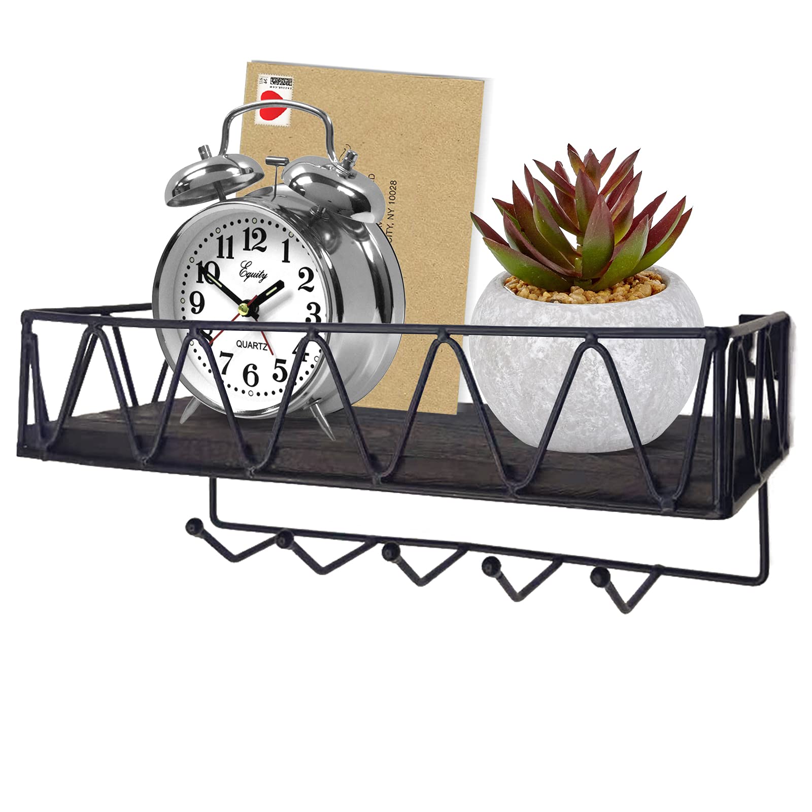 Key Holder for Wall Decorative-Key and Mail Holder for Wall Matte Black Metal Wire Mesh Storage Basket with 5 Key Hooks for Wall ,Entryway, Storage, Living Room, Hallway,  Bathroom，Kitchen