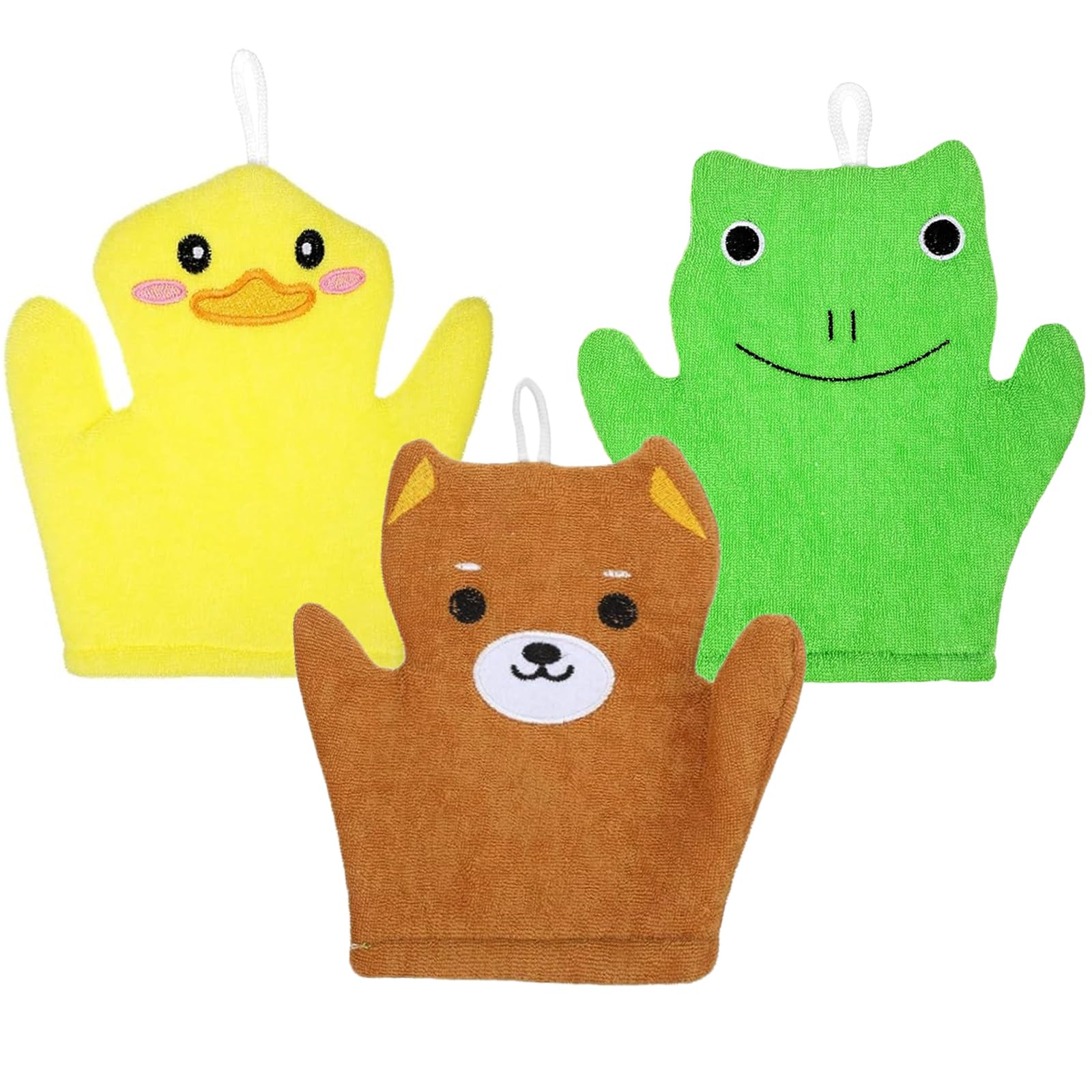 3 Pcs Shower Mitt, Soft Gentle Baby Wash Cloths, Cute Animal Design Yellow Duck Brown Bear Baby Face Cloth Wash Mitts Body and Face, for Sensitive Skin Babys Girl Boy Bath Shower
