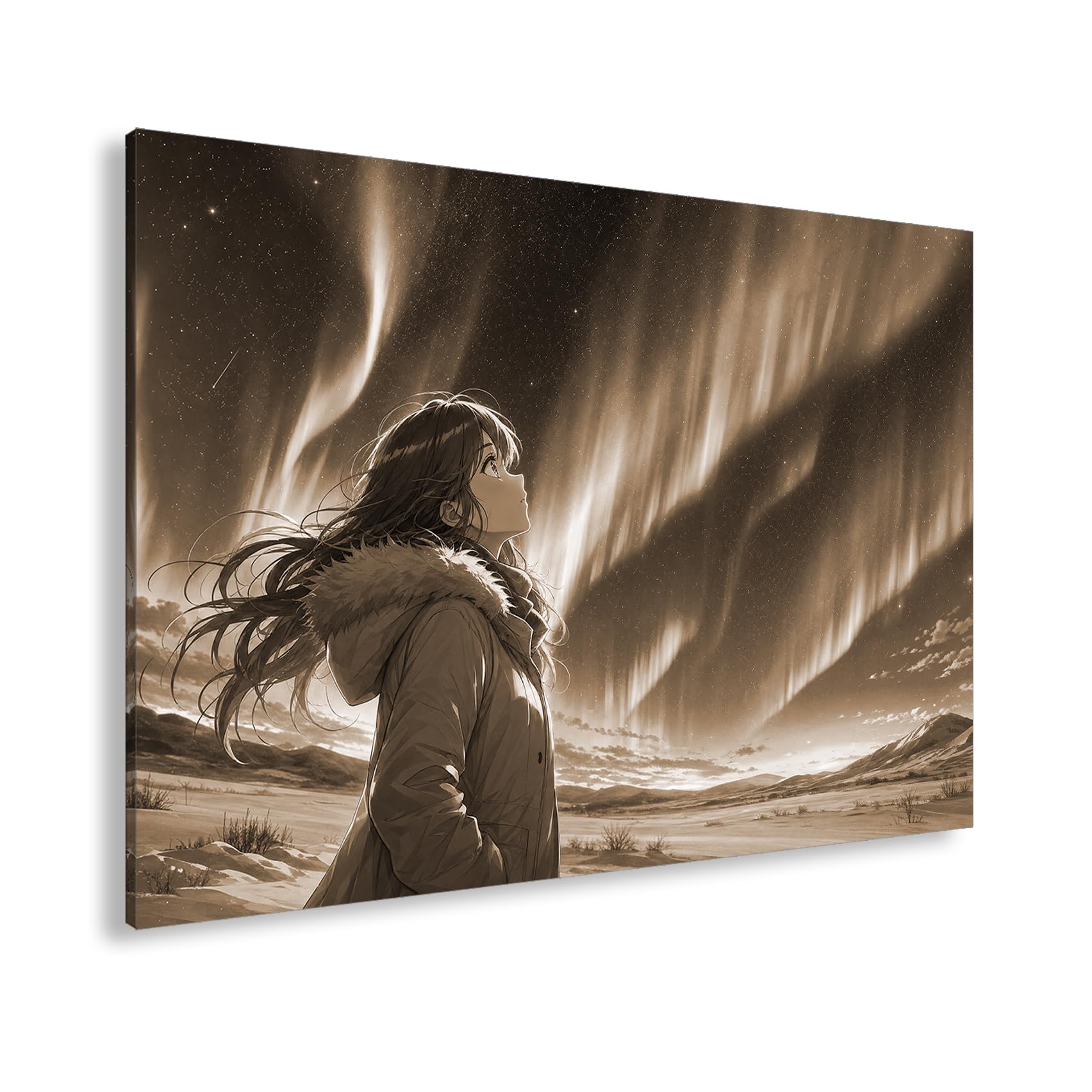 deyoli Obraz na płótnie figurka anime przed zorzą polarną na niebie 80 x 60 cm Sepia