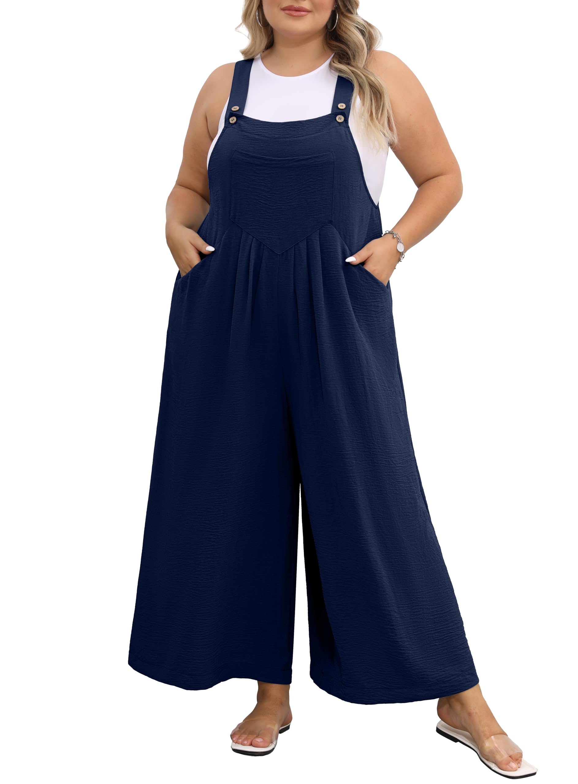 OLRIK Plus Size Jumpsuit for Women Wide Leg Adjustable Straps Romper Waist Loose Fit Overalls with Pockets Teacher Outfits