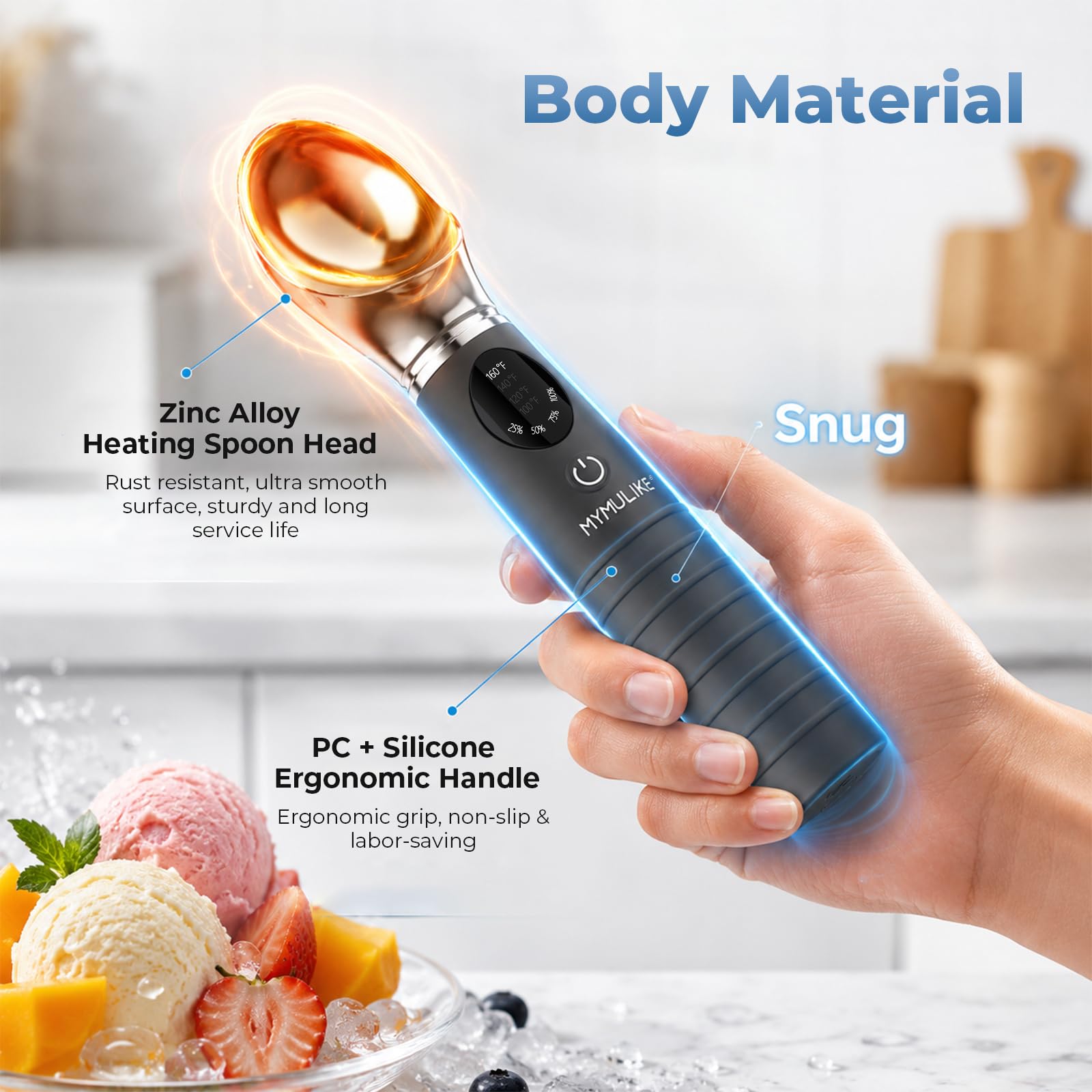 MYMULIKE Cuillère à glace chauffante en acier inoxydable, 4 températures (40-70 °C), cuillère à glace réglable, cuillère à glace rechargeable à chauffage rapide 30 secondes, arrêt automatique en 3