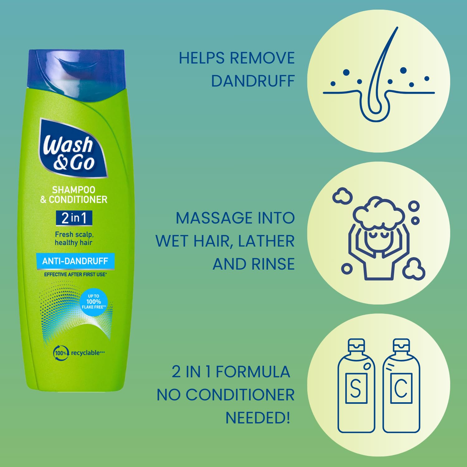 Wash & Go 2 en 1 Champú y Acondicionador Anticaspa, Paquete de 9