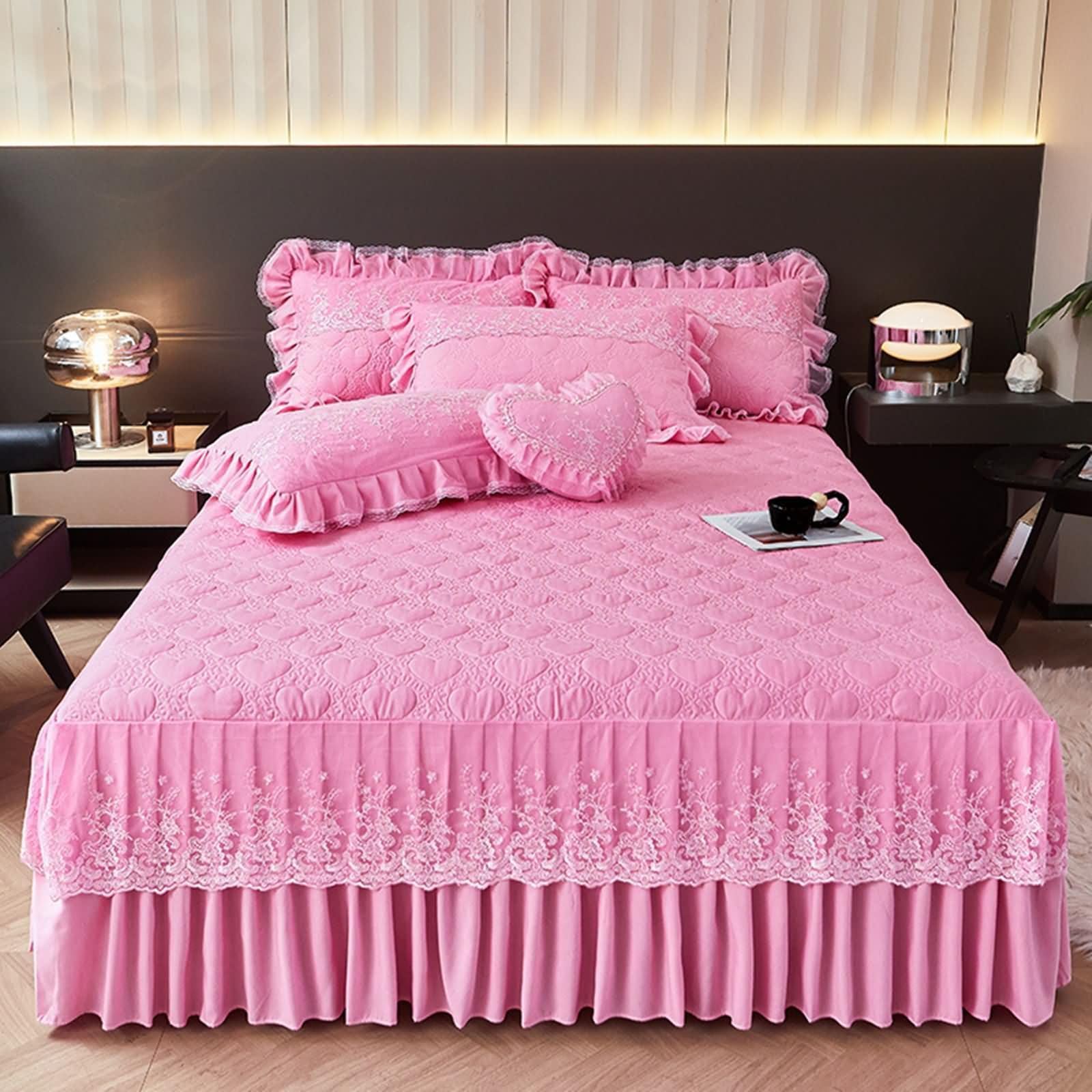 3-częściowy komplet pościeli California King Size z bawełny poliestrowej z gumką, jednolity kolor z haftowaną koronką, 198 x 214 cm + 2 poszewki na poduszki, różowe
